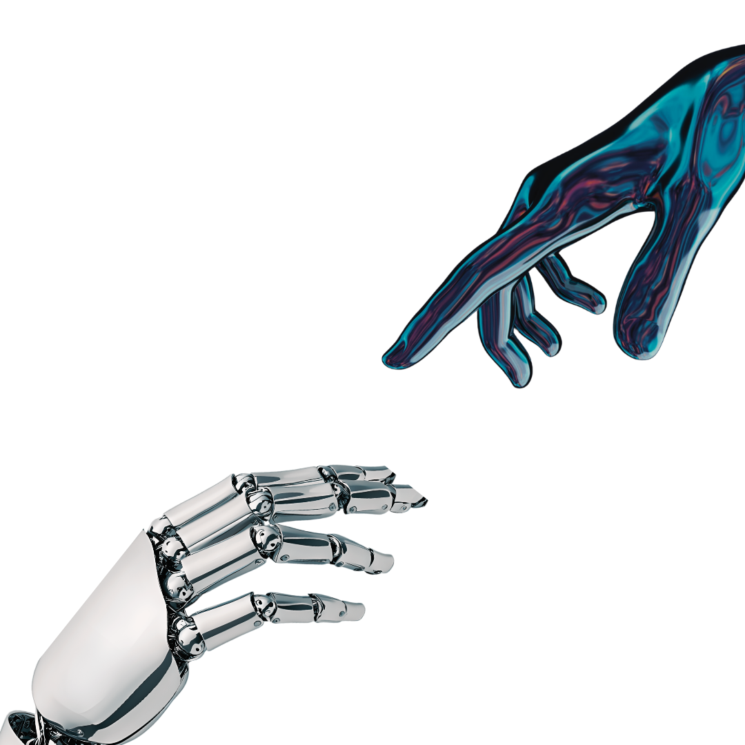 Digital illustration of a metallic robotic hand reaching out towards a glowing, colorful digital hand against a black background.