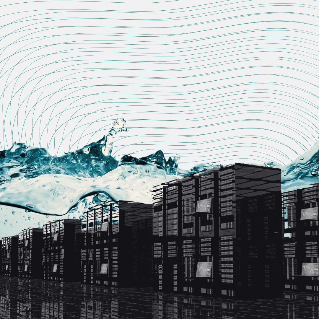 Futuristic cityscape with a digital grid overlay, large water splash in the foreground, and abstract lines in the sky.