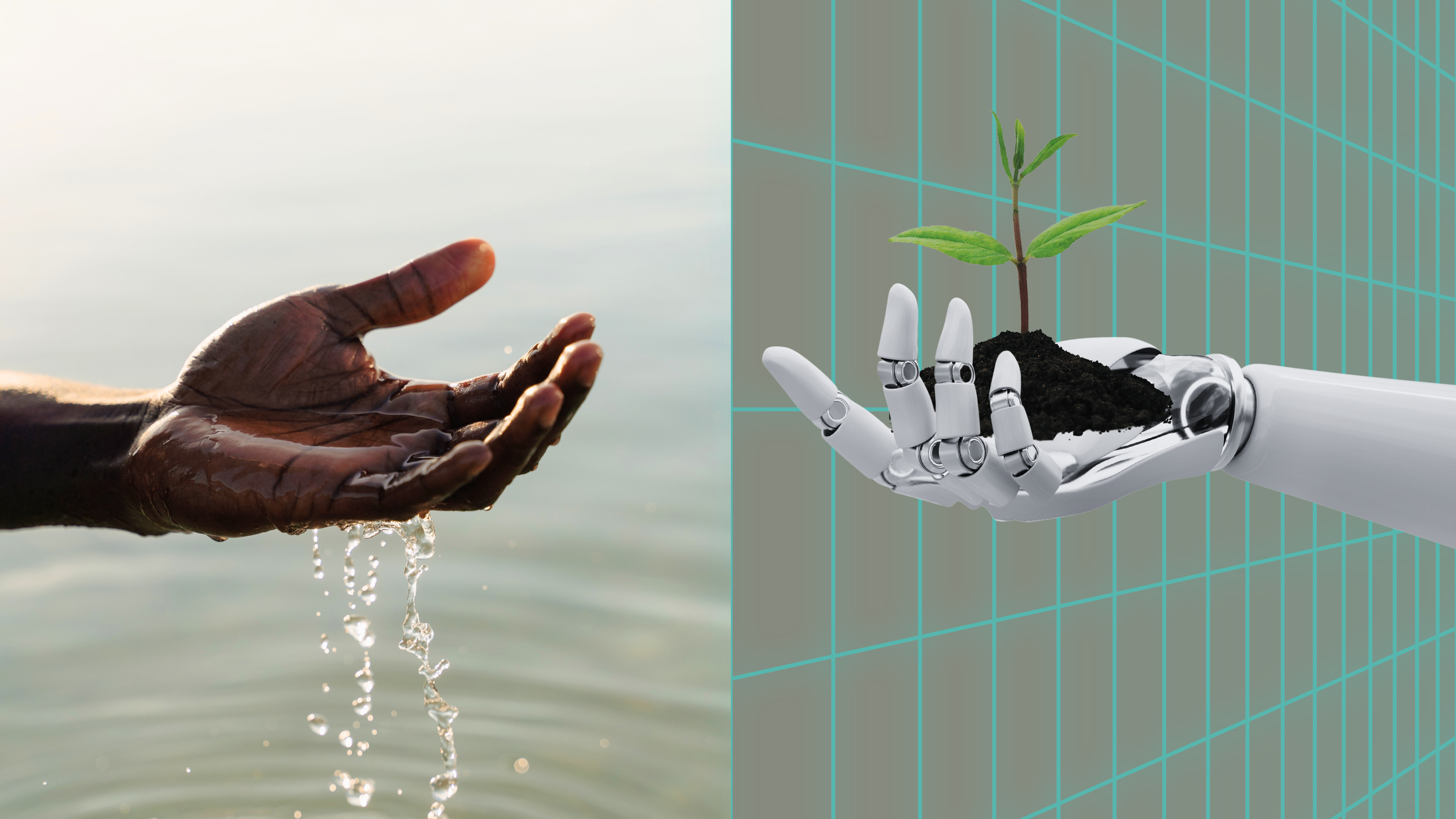 human hand holding water droplets while robot hand holding a seedling