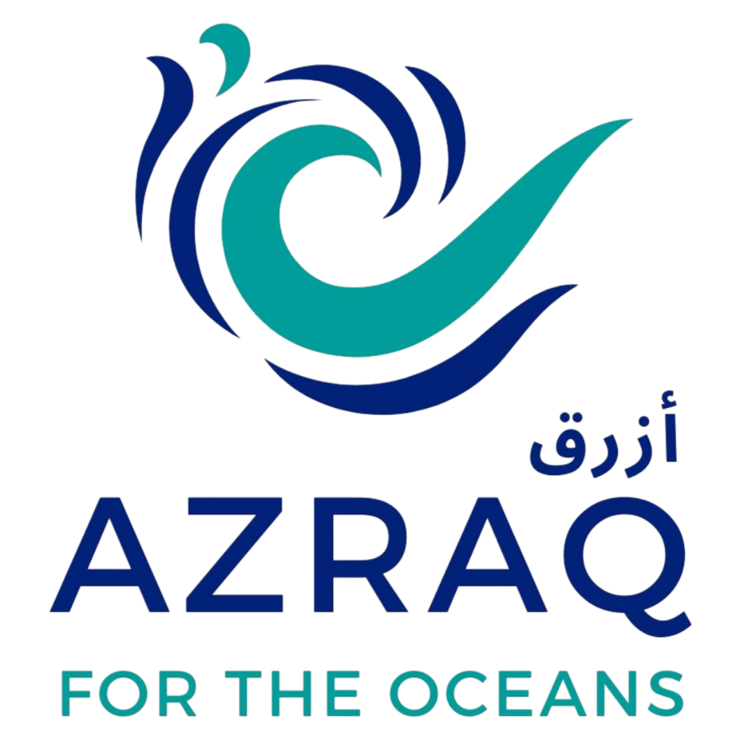 Logo for Azraq, a company or organization, featuring an abstract wave design with blue and teal colors and the text "أزورق AZRAQ FOR THE OCEANS".