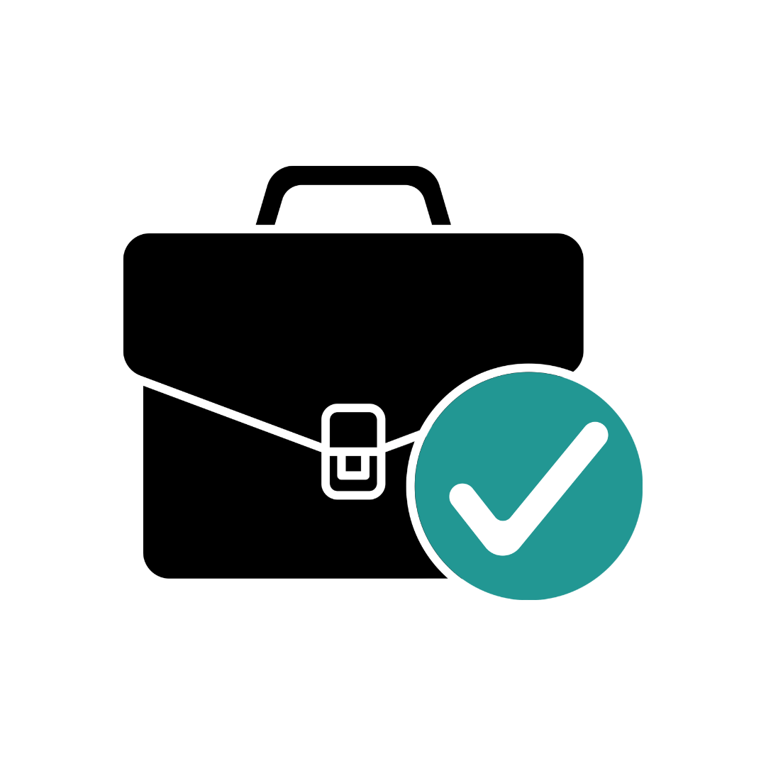 Icon of a black briefcase with a checkmark symbol.