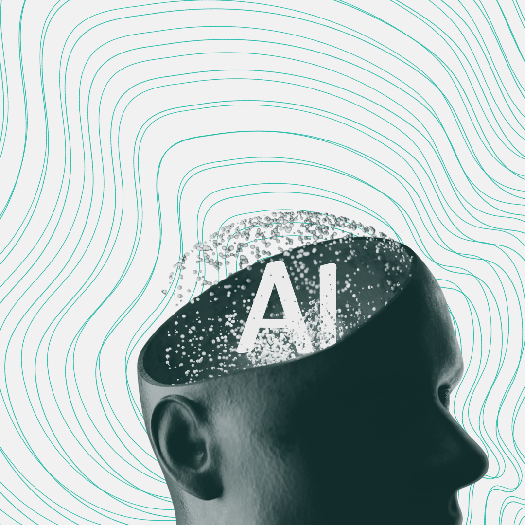 A side profile of a person's head with the top opened like a container filled with digital particles and the letters 'AI' inside, representing artificial intelligence.
