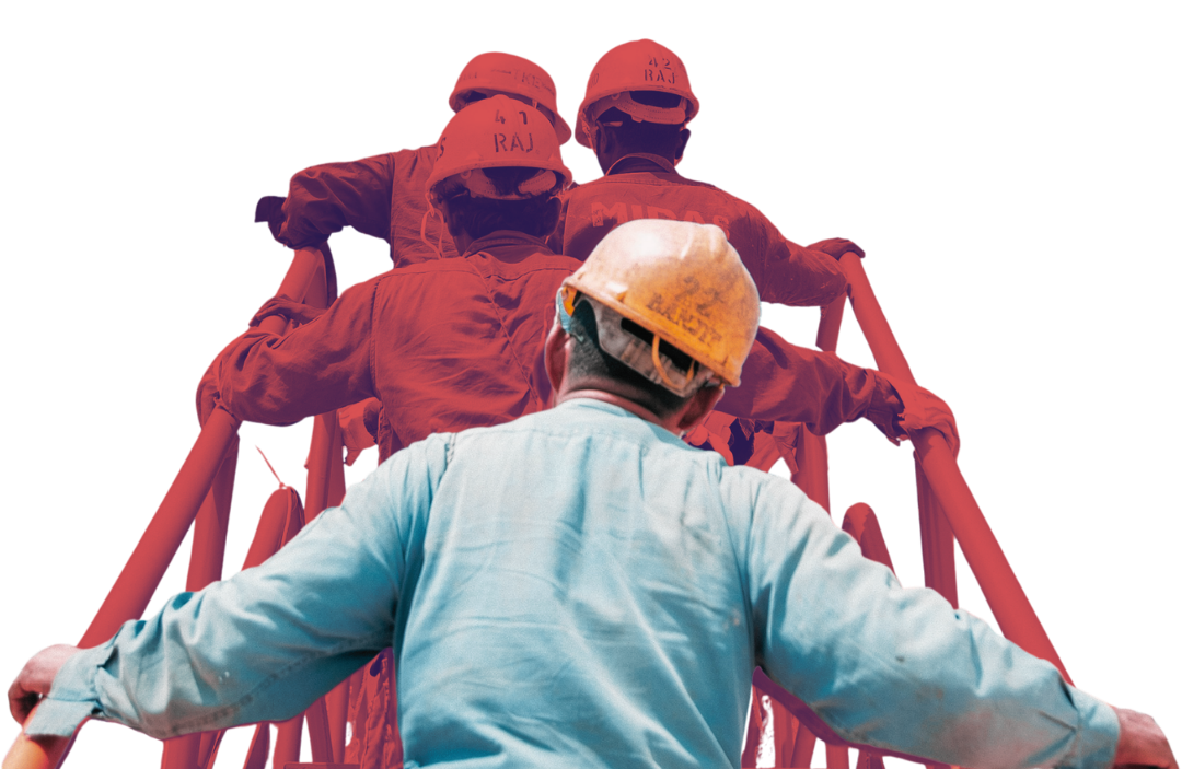 Group of construction workers wearing helmets climbing a ladder, with a focus on one worker at the front.