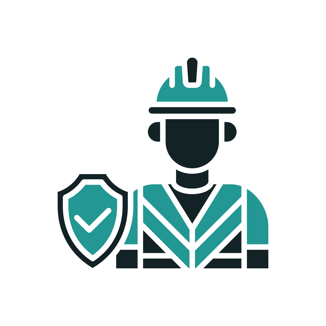 Icon of a construction worker wearing a hard hat and reflective vest, holding a shield with a checkmark.