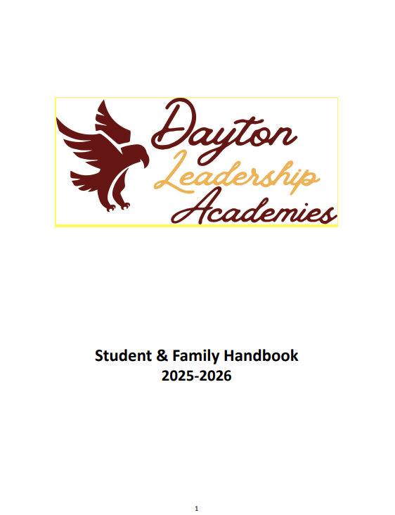 Cover page of the Dayton Leadership Academies Student & Family Handbook for 2025-2026, featuring a logo with a maroon eagle and stylized text.