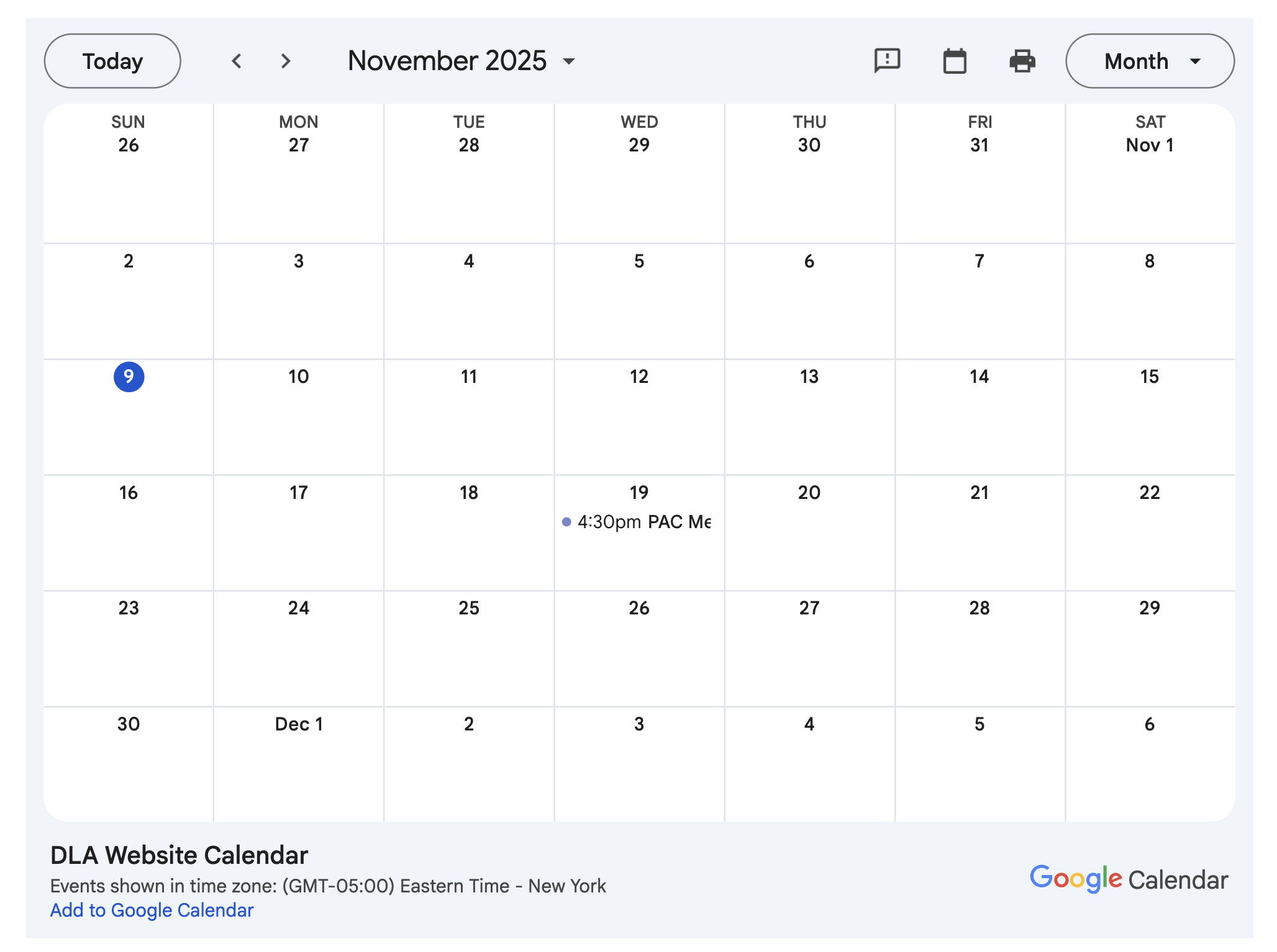 A screenshot of a Google Calendar for November 2025, with an event scheduled on November 19 at 4:30 pm labeled 'PAC MC'.