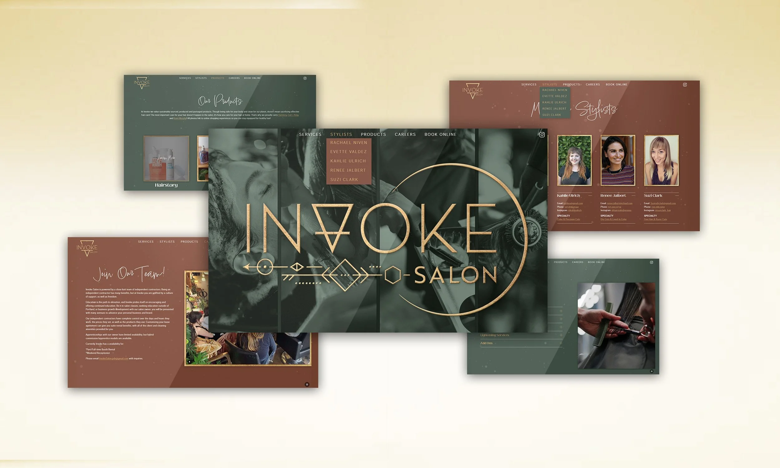 Website mockup for Invoke Salon featuring a gold geometric logo at center, surrounded by five page designs including product listings, stylist profiles, recruitment, service visuals, and hair tool close-ups.
