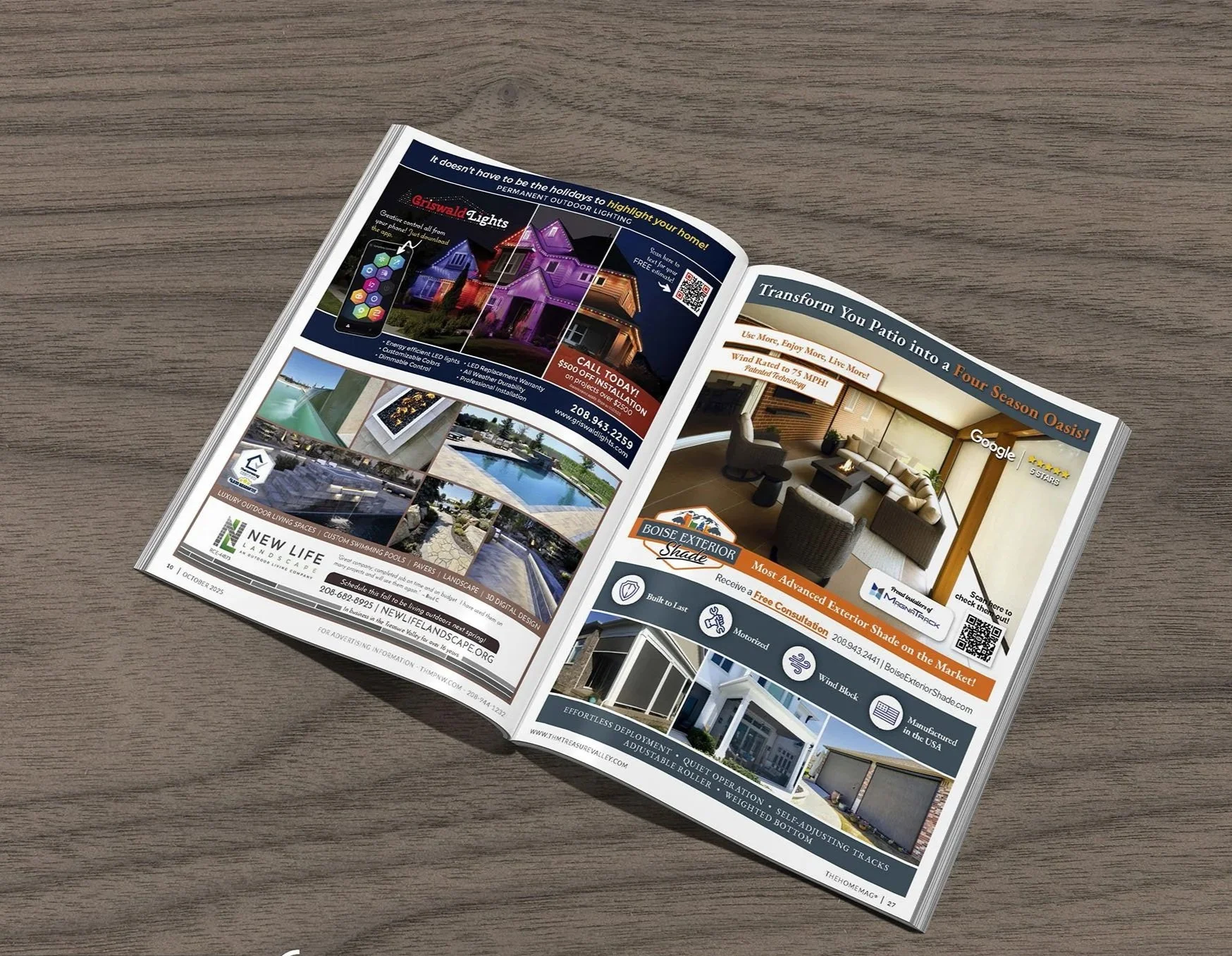 Open magazine on wood surface showing ads for home services: outdoor lighting, hardscaping, bathroom remodeling, and patio products, each with photos, taglines, and contact info.