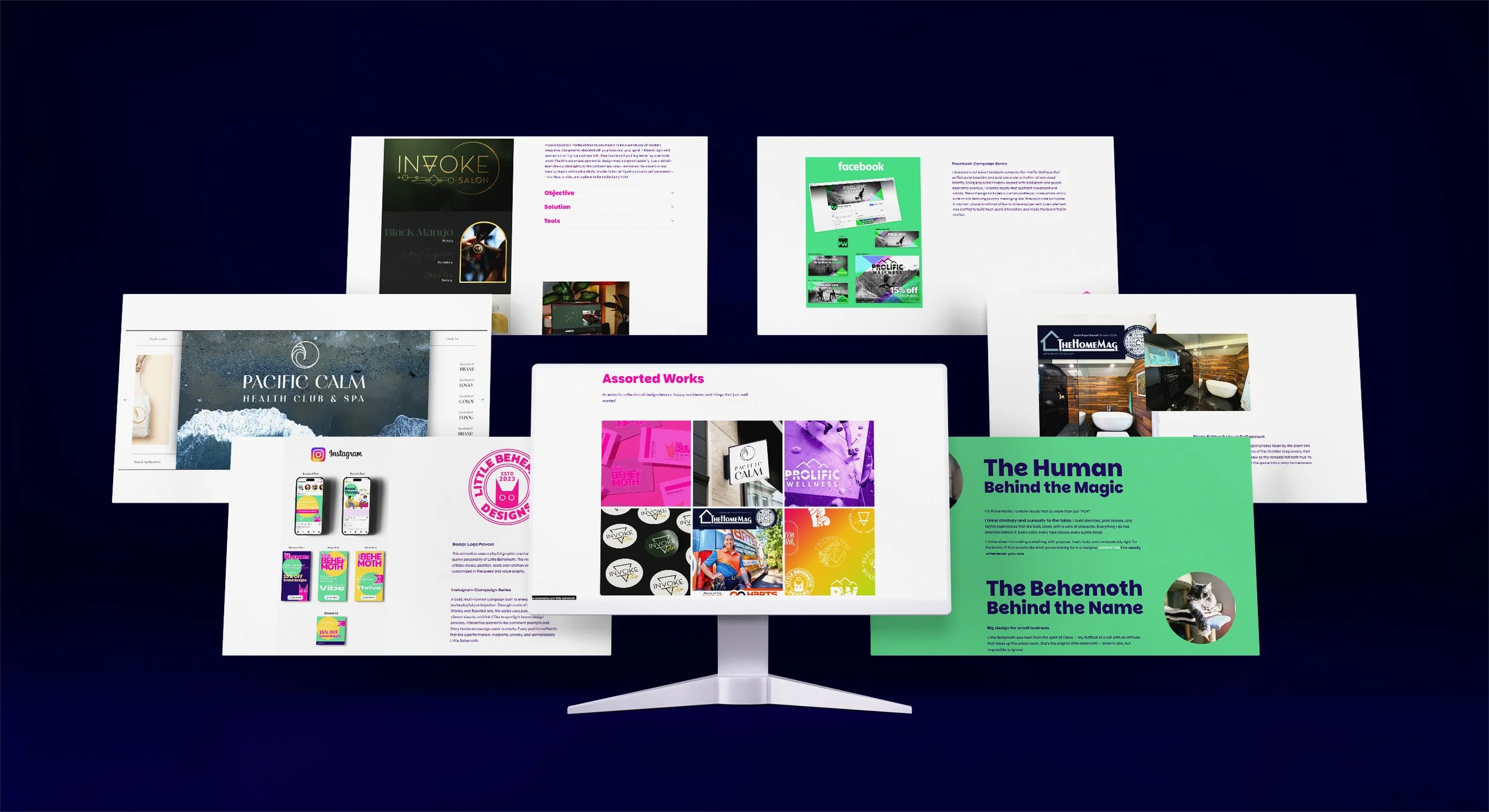 Portfolio homepage mockup featuring a central monitor displaying a grid of colorful design thumbnails labeled “Multiform Projects,” surrounded by branding, digital, and editorial projects.