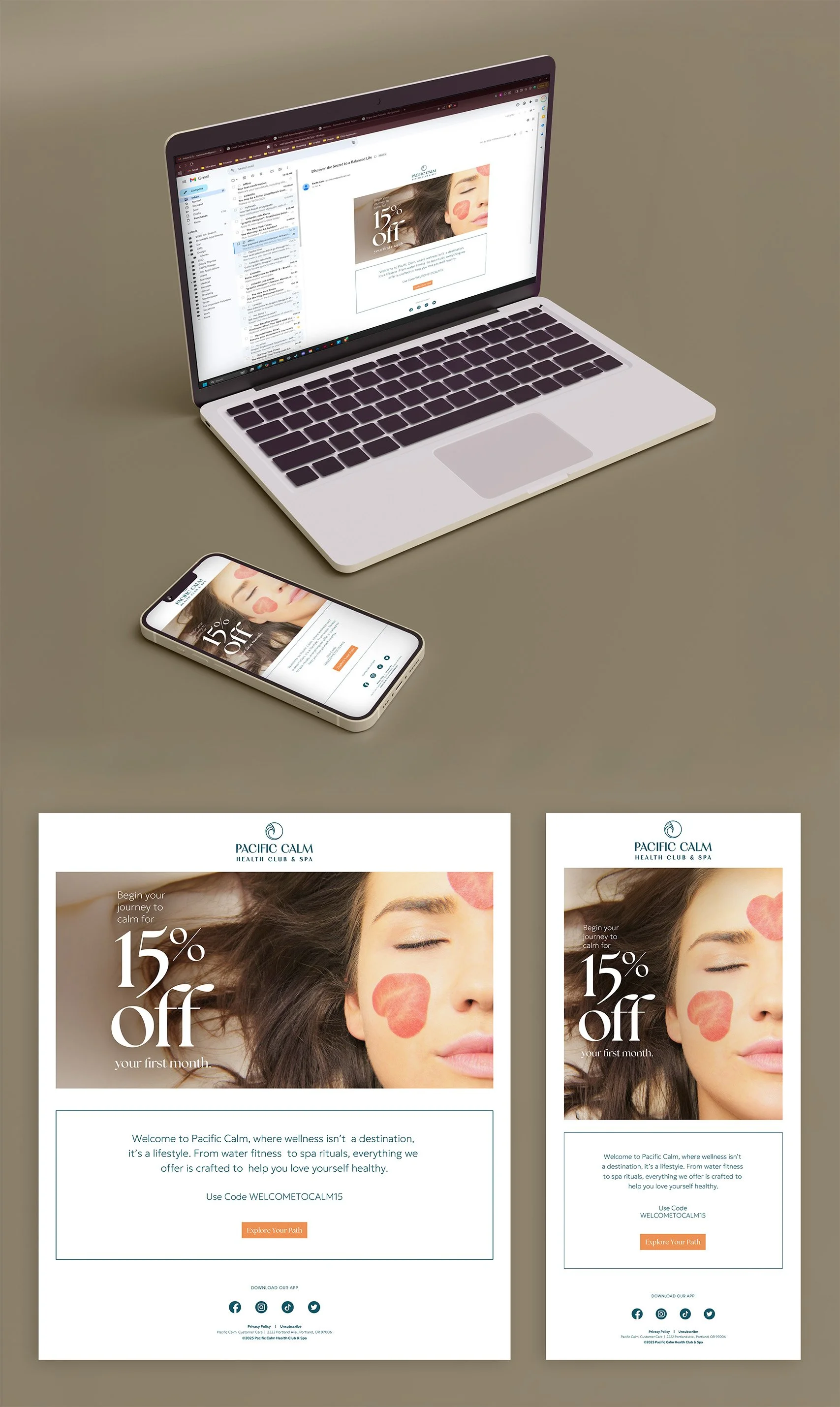 Promotional email mockup for Pacific Calm featuring a laptop, smartphone, and printed flyers with a “15% off your first purchase” offer, wellness branding, and heart-shaped face patches.