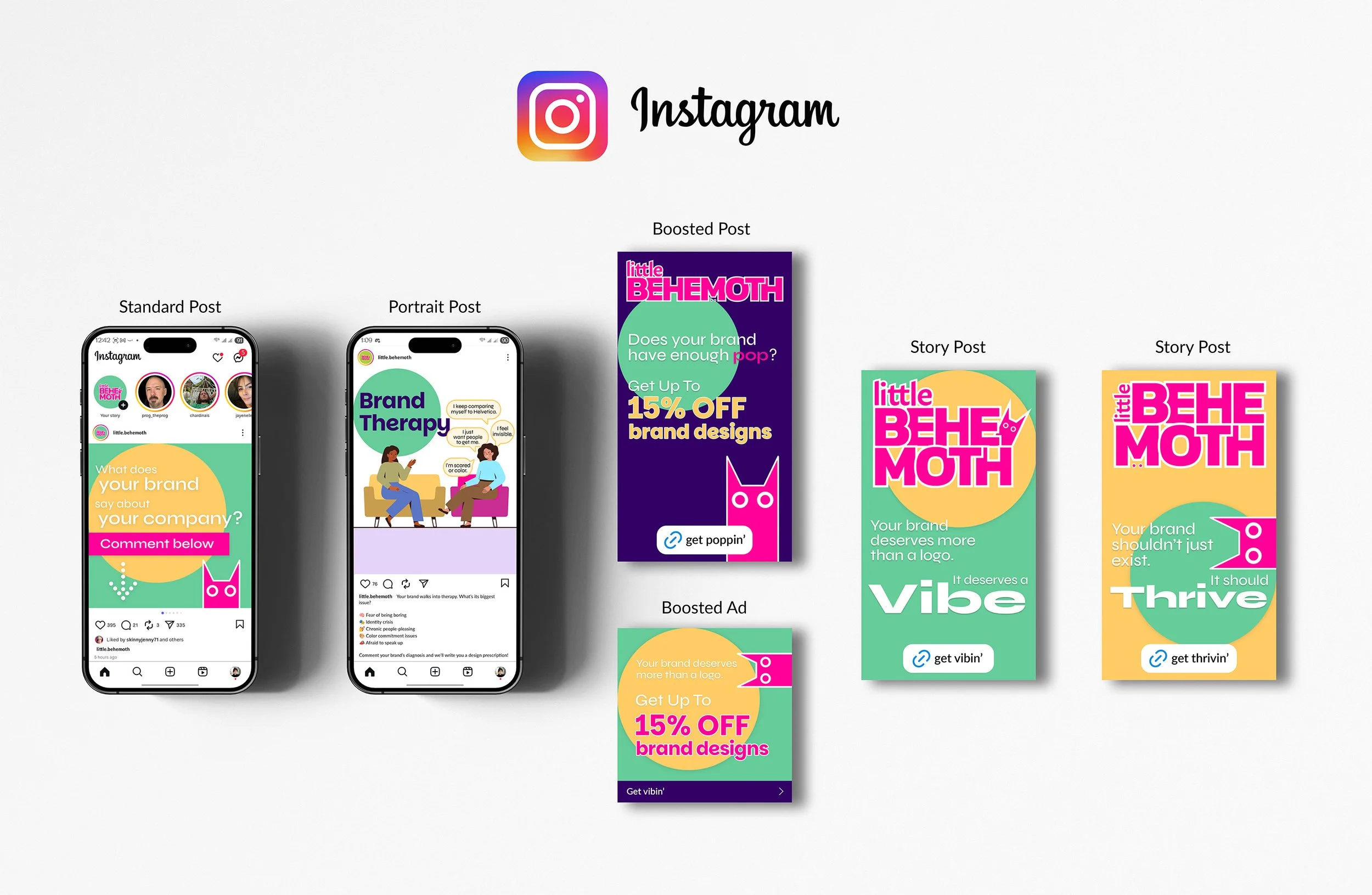 Instagram marketing layout showing different post formats for Little Behemoth, including a standard post, portrait post, boosted post, story posts, and boosted ad, with colorful graphics and promotional messages.