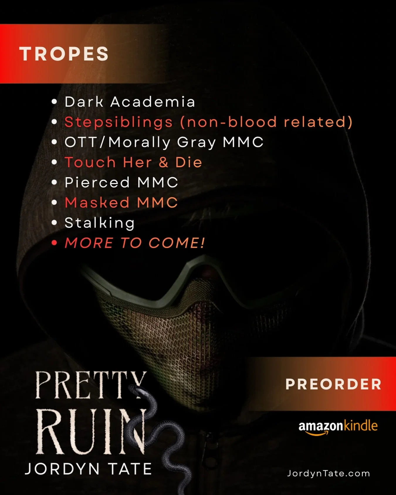 I can&rsquo;t wait for you to meet Mason. 😏

❤️&zwj;🔥 Available for preorder!

🚩TROPES:
Dark Academia
Stepsiblings (non-blood related)
OTT/Morally Gray MMC
Touch Her &amp; Die
Pierced MMC
Masked MMC
Sta!king

#forbiddenromance #tabooromance #darkr