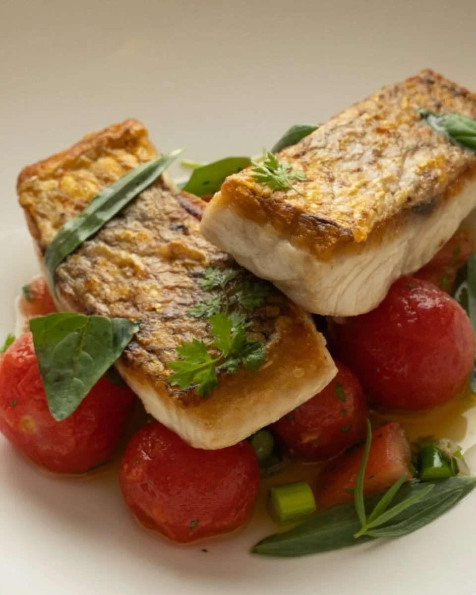 Market fish, from the &agrave; la carte menu.
This evening&rsquo;s will be a lovely goldband snapper, pan-seared until just crisp, flesh firm and flaky beneath. Served with sauce vierge, sweet confit tomatoes and plenty of tarragon.