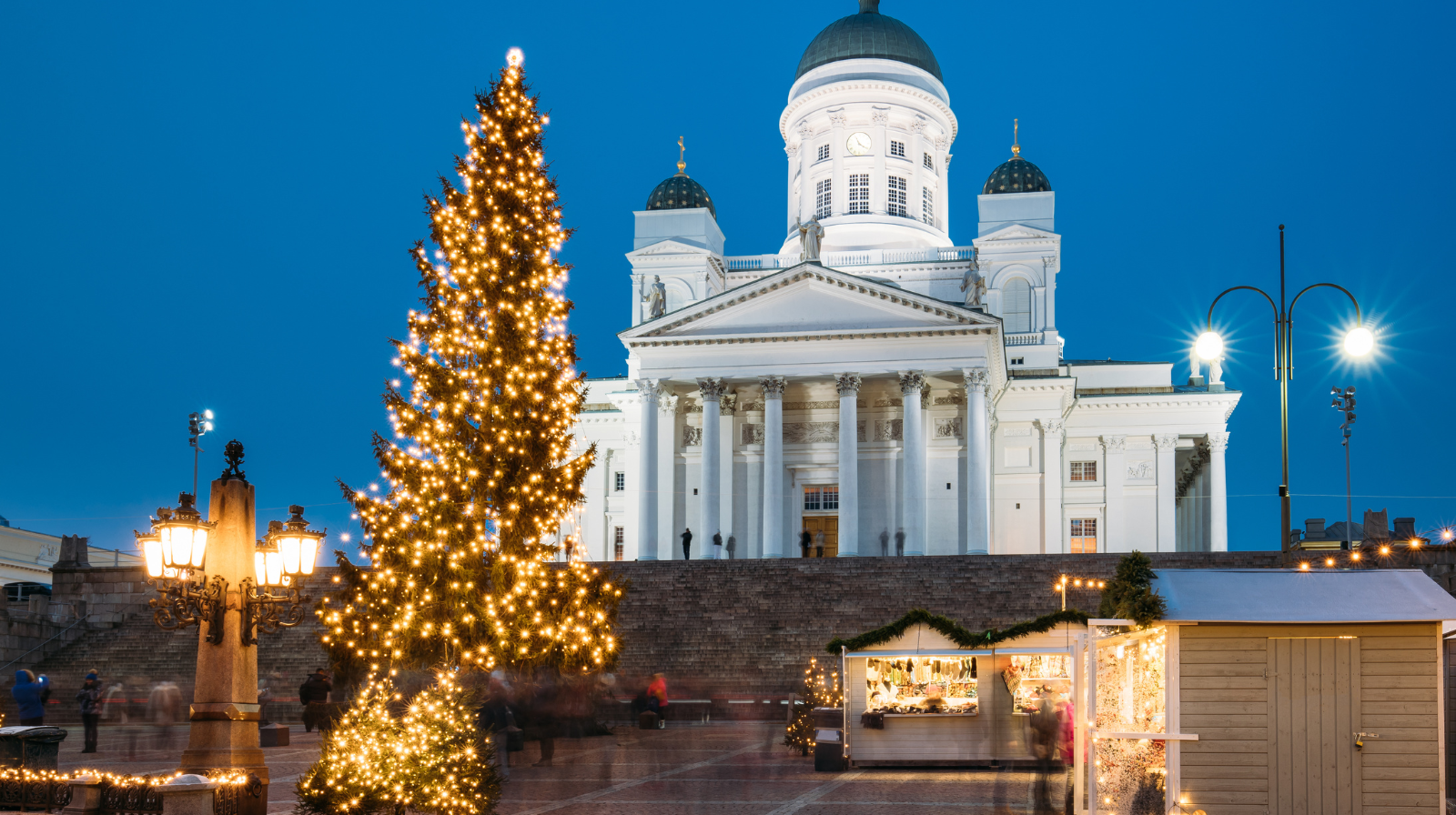 Helsinki Senate Square Christmas tree with white Lutheran Cathedral illuminated at night in Finland