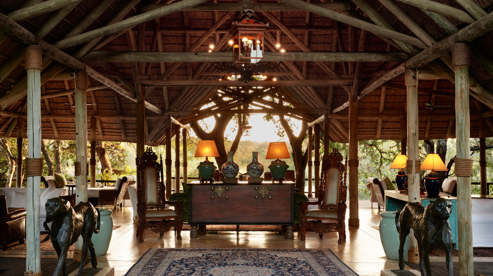 Royal Malewane luxury safari lodge interior Kruger South Africa with colonial design and elephant sculptures