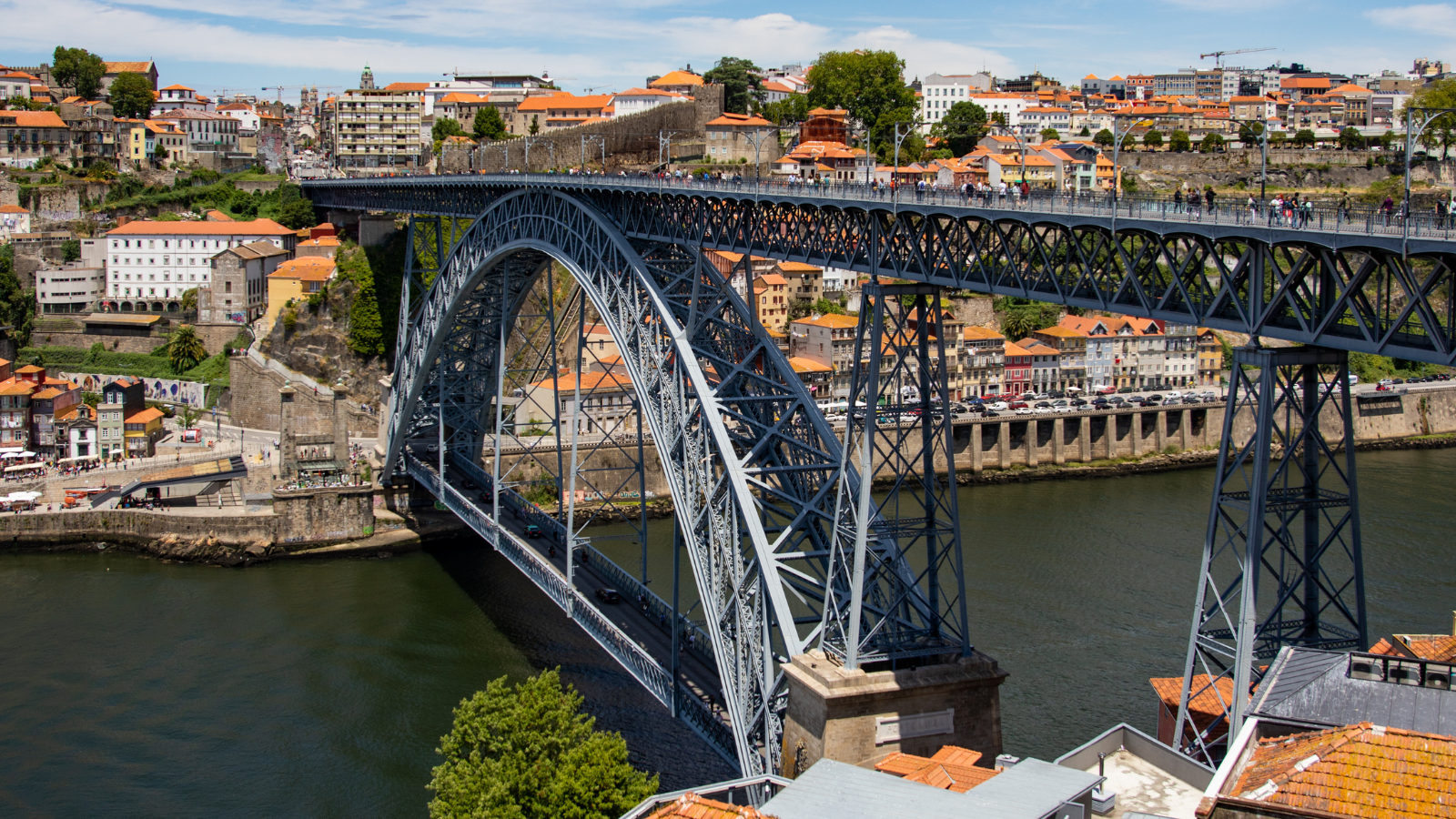 Dom Luis I Bridge spanning Douro River with terracotta rooftops in Porto, Portugal