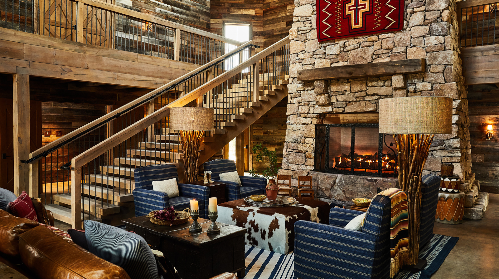 Bishop's Lodge Santa Fe luxury resort lobby with stone fireplace and Southwestern decor New Mexico winter getaway