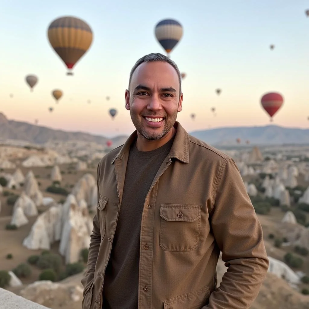 Jake standing in front of sunrise hot air balloons over Cappadocia’s rocky landscape—authentic travel moment, natural light, and sense of adventure.