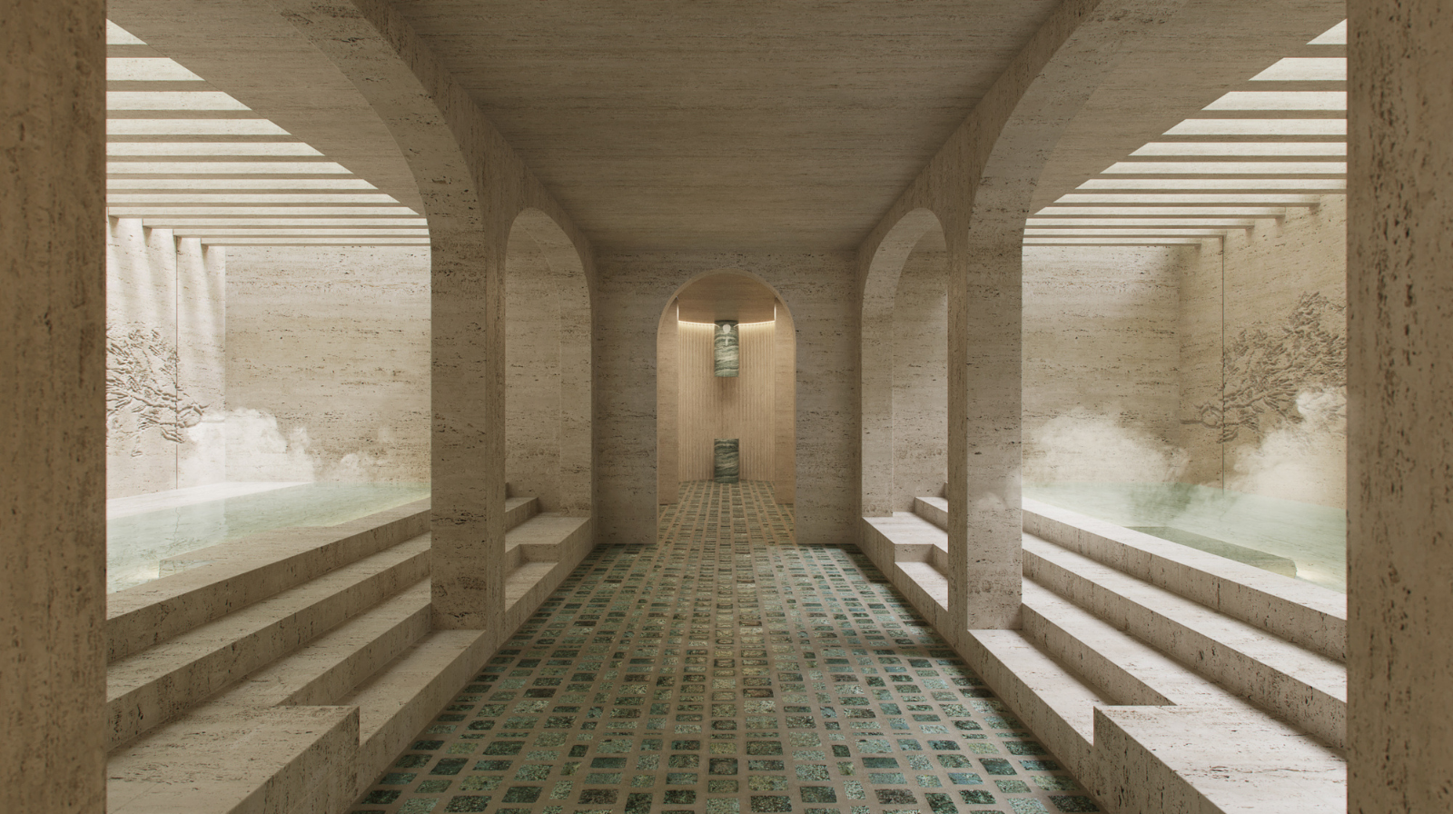 Modern Roman bath-inspired spa with travertine arches and thermal pools at Six Senses Rome
