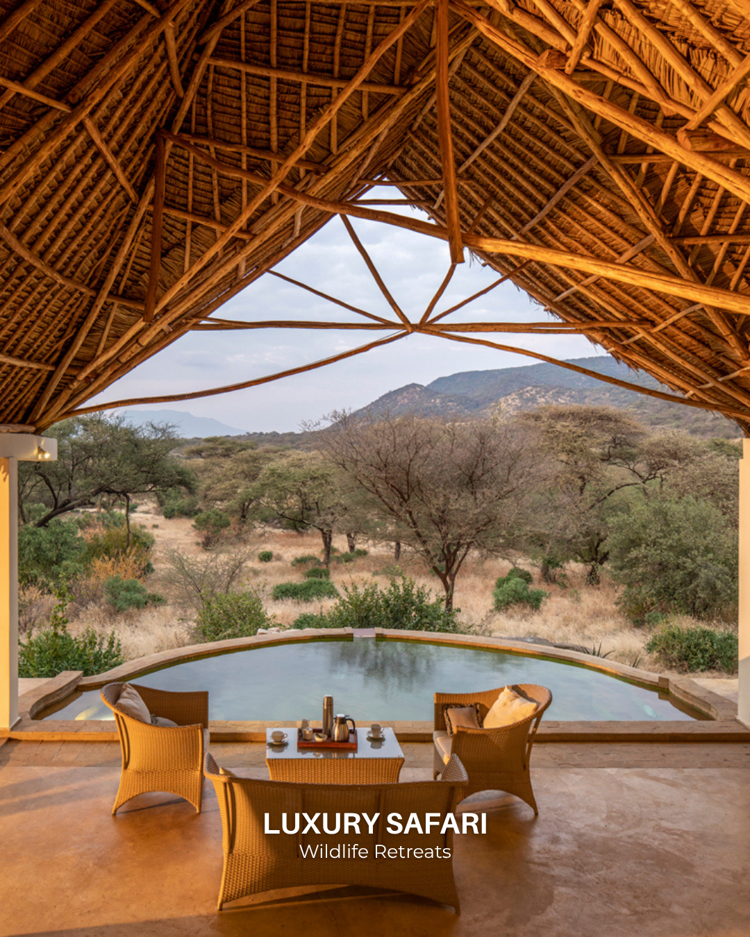 Open-air luxury safari suite at Lentorre in Kenya, featuring a private plunge pool, panoramic savanna views, and natural thatched roof architecture.