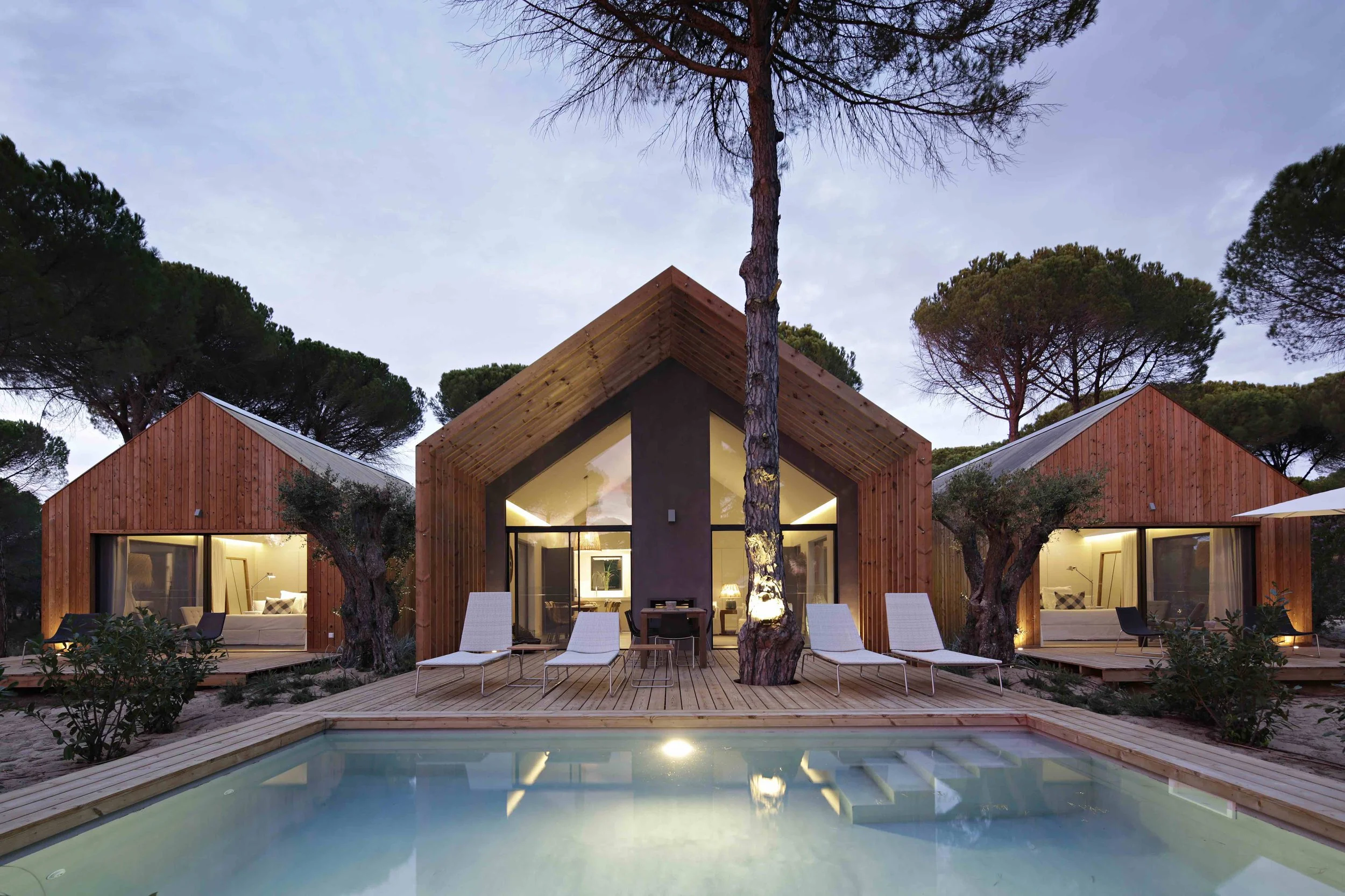 Wooden modern house with large glass windows and a swimming pool in front, surrounded by trees during dusk.