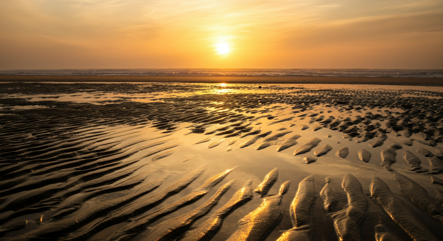 Sunset over a muddy beach with rippled sand and shallow pools of water reflecting the sky.
