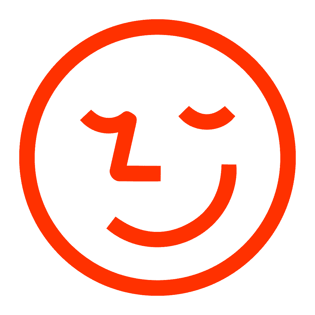 Red outlined smiling face emoji with closed eyes and a wink.