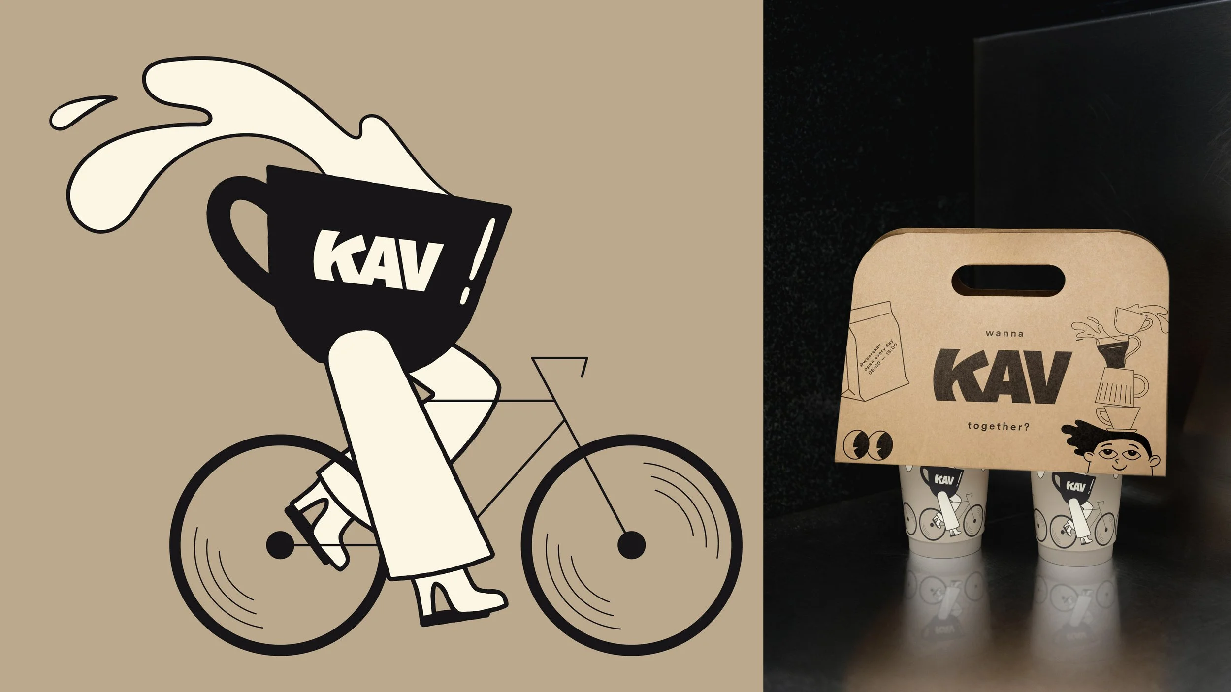 A stylized illustration of a woman riding a bicycle, holding a black cup with "KAV" written on it, with steam or liquid splashing out. Next to it is a product packaging with two paper cups featuring similar artwork, a brown kraft paper box with a han