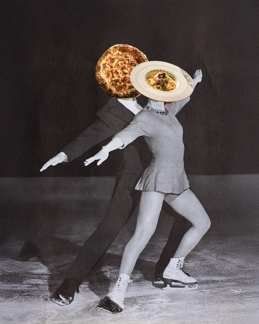 Surreal image of a person ice skating with a vintage dress, having a pizza as a head and a bowl of pasta as a face.