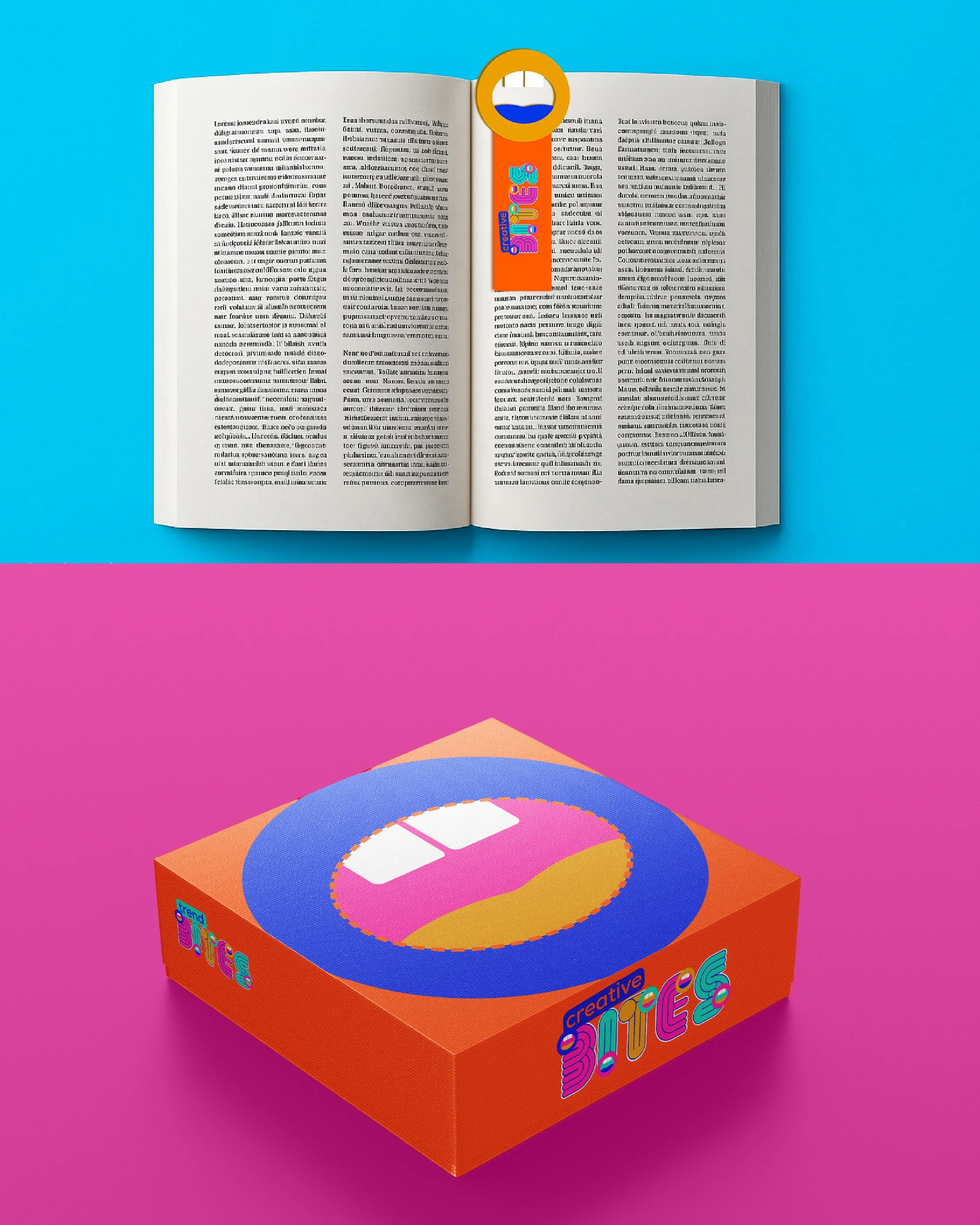 An open book with a colorful circular sticker on the right page, and a boxed colorful game or puzzle with the label "Creative Sticks" featuring vibrant colors on a pink surface.
