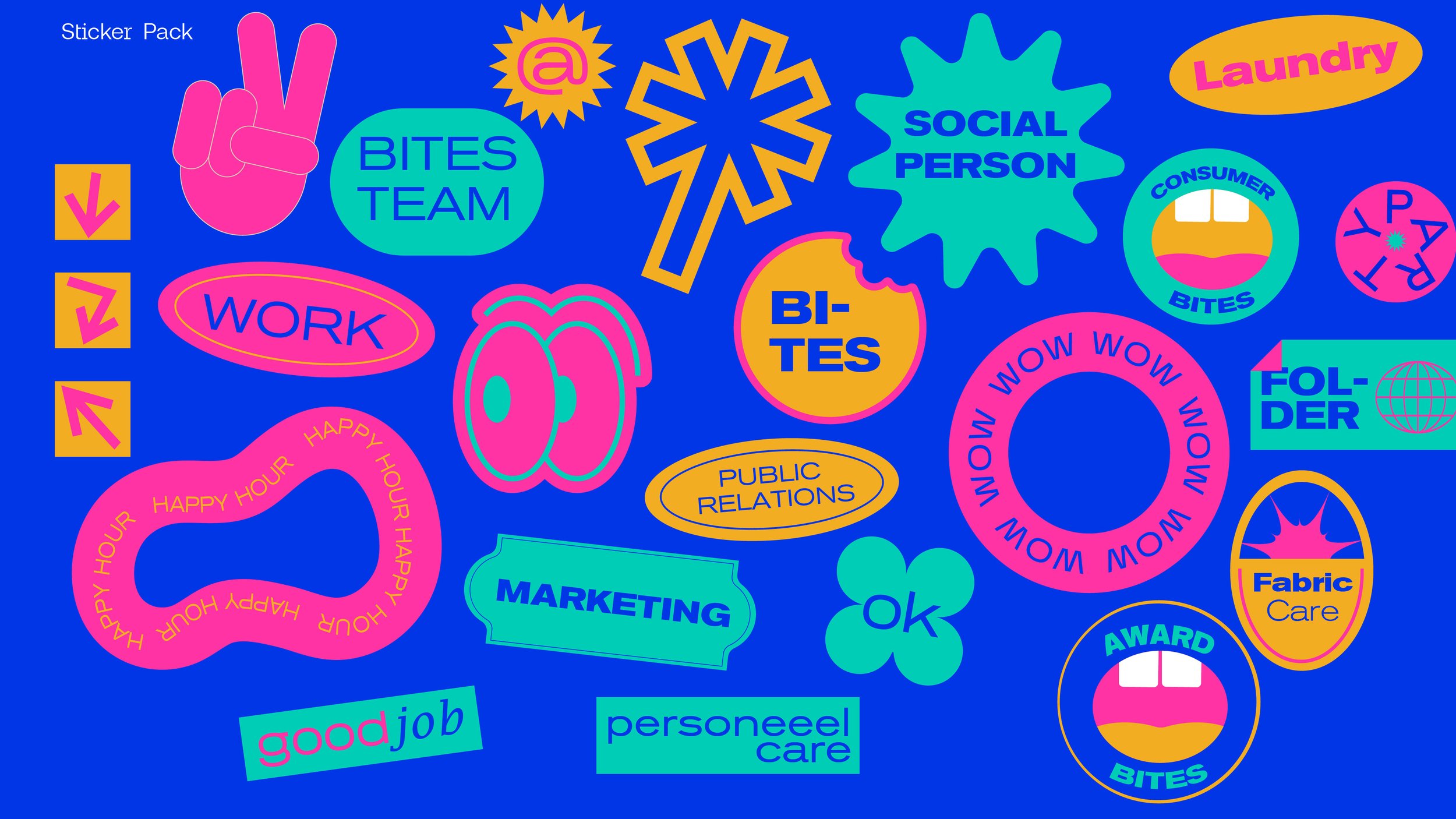 A colorful collection of stickers on a blue background, including words like 'WORK', 'BITES TEAM', 'PUBLIC RELATIONS', 'MARKETING', 'foldeR', 'Laundry', and 'goodjob'. There are also graphical elements such as smiley faces, a peace sign, arrows, a gl