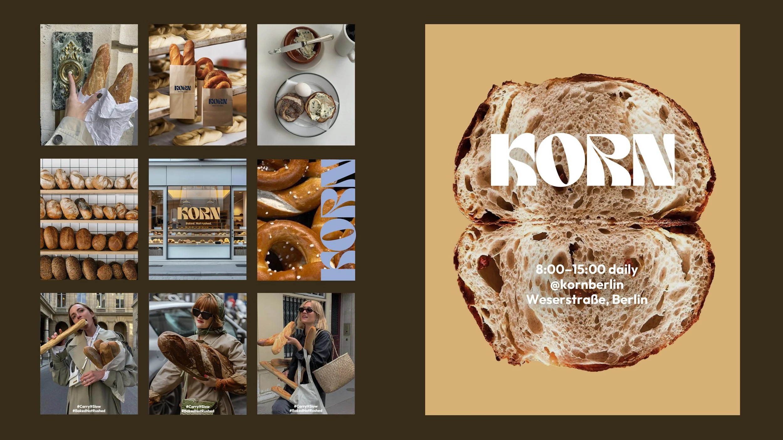 A collage of images featuring baked goods and people enjoying bread, with a large bread roll with the word 'KORN' in the center. The collage includes shelves of different types of bread, people carrying bread, and a storefront of the bakery. The righ