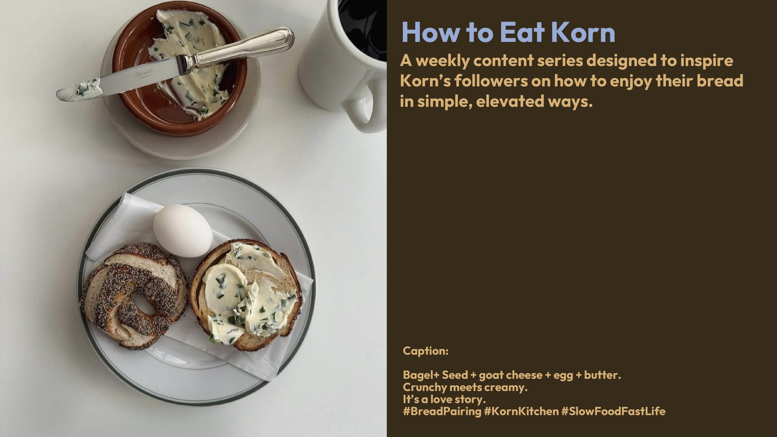 A breakfast scene with a plate of bagel with cream cheese, a boiled egg, and a cinnamon roll on a white table. There is also a small dish of herb-infused butter and a cup of black coffee.