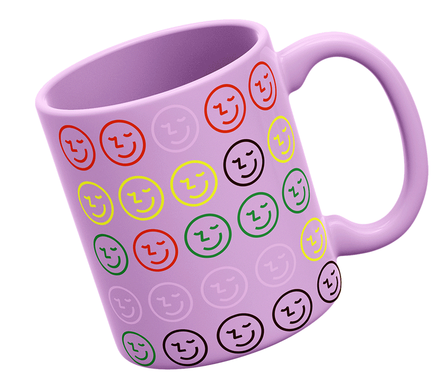 Purple mug with colorful smiley face patterns in red, yellow, green, purple, and black.
