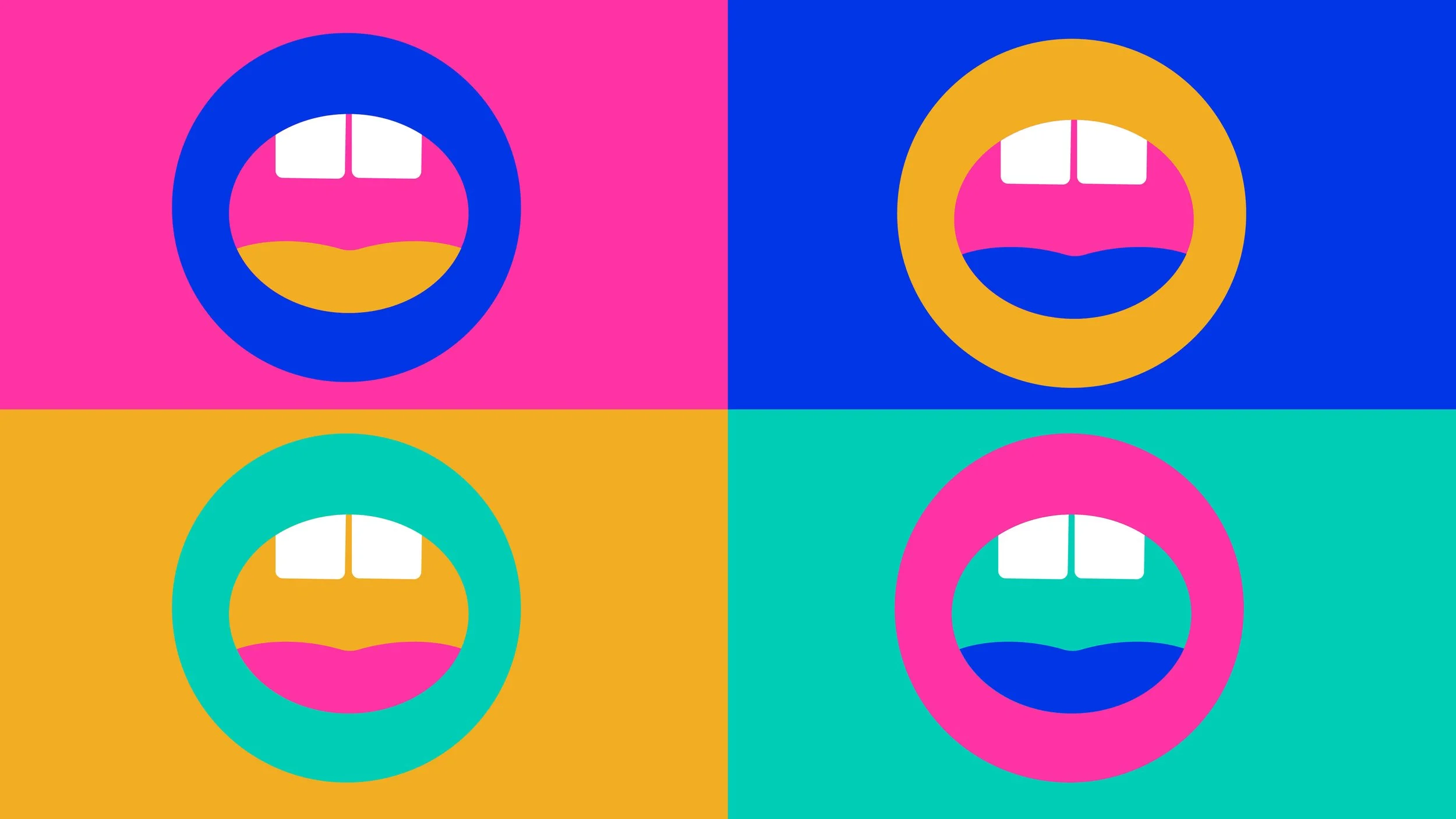 Four colorful square panels, each with a smiling emoji face with white teeth and a curved mouth, different background colors: pink, blue, orange, and teal.