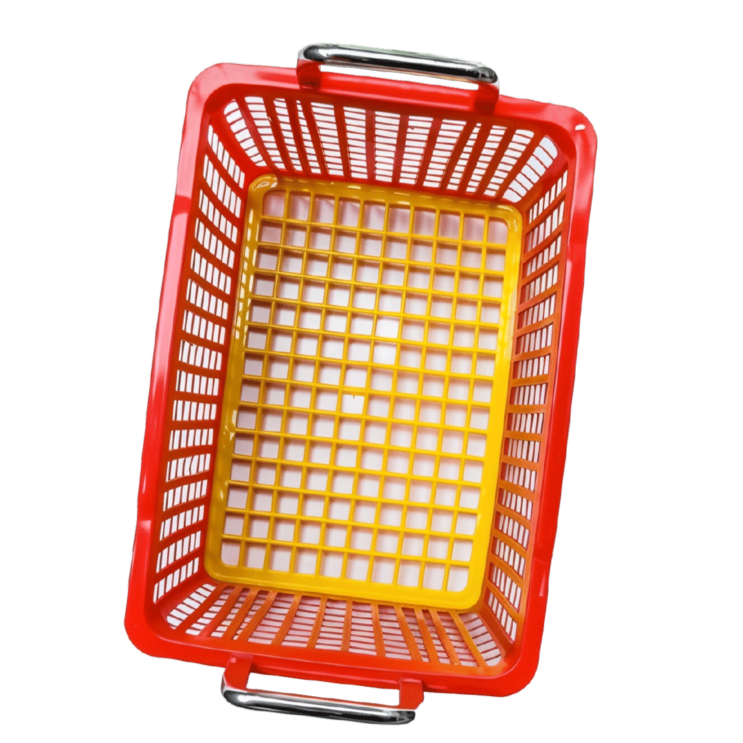 A red plastic shopping basket with a yellow insert, viewed from above.