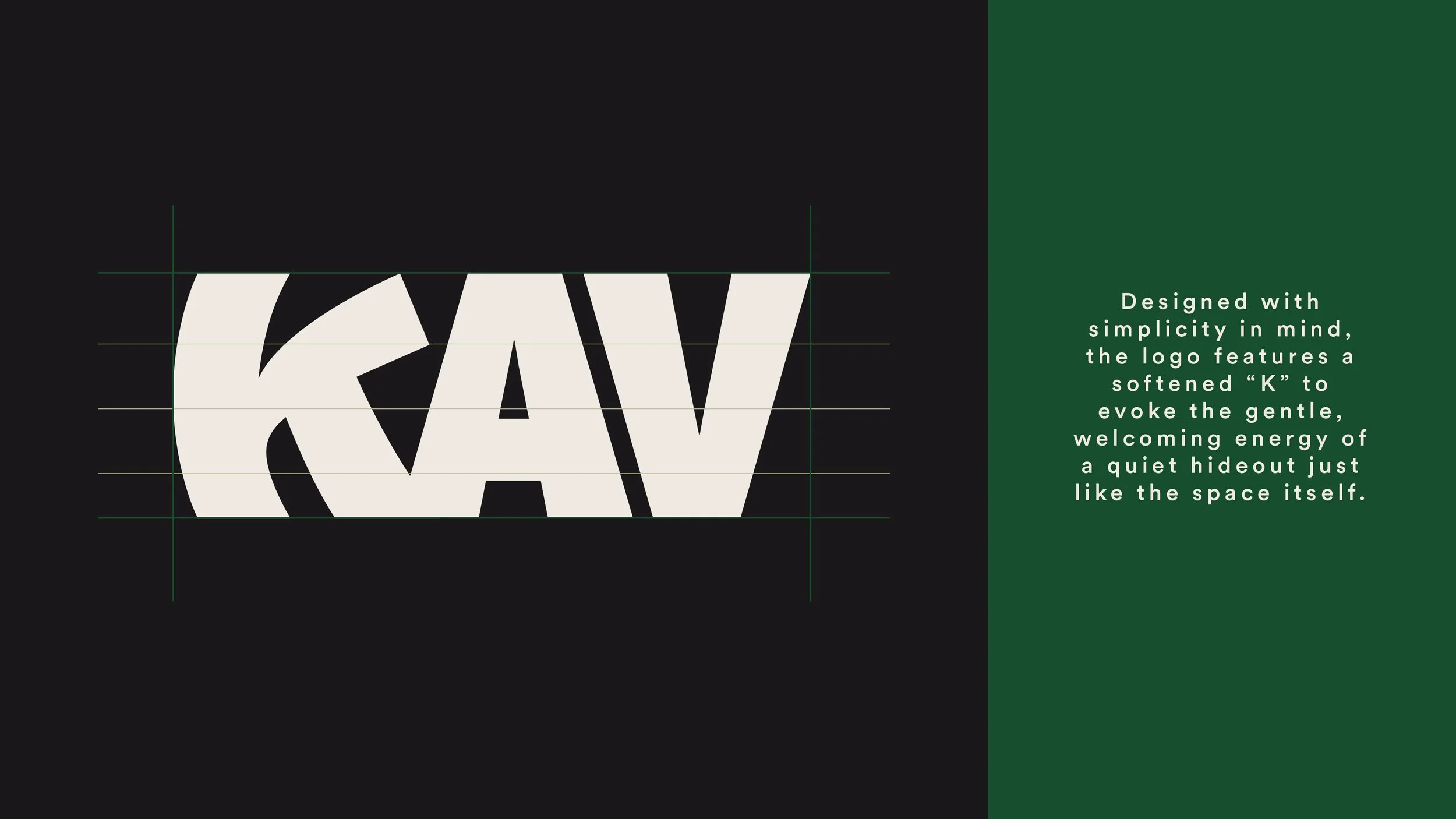 Logo design with the word "KAV" featuring a softened 'K' to evoke a gentle, welcoming energy, displayed on a dark background with a green section on the right containing descriptive text.