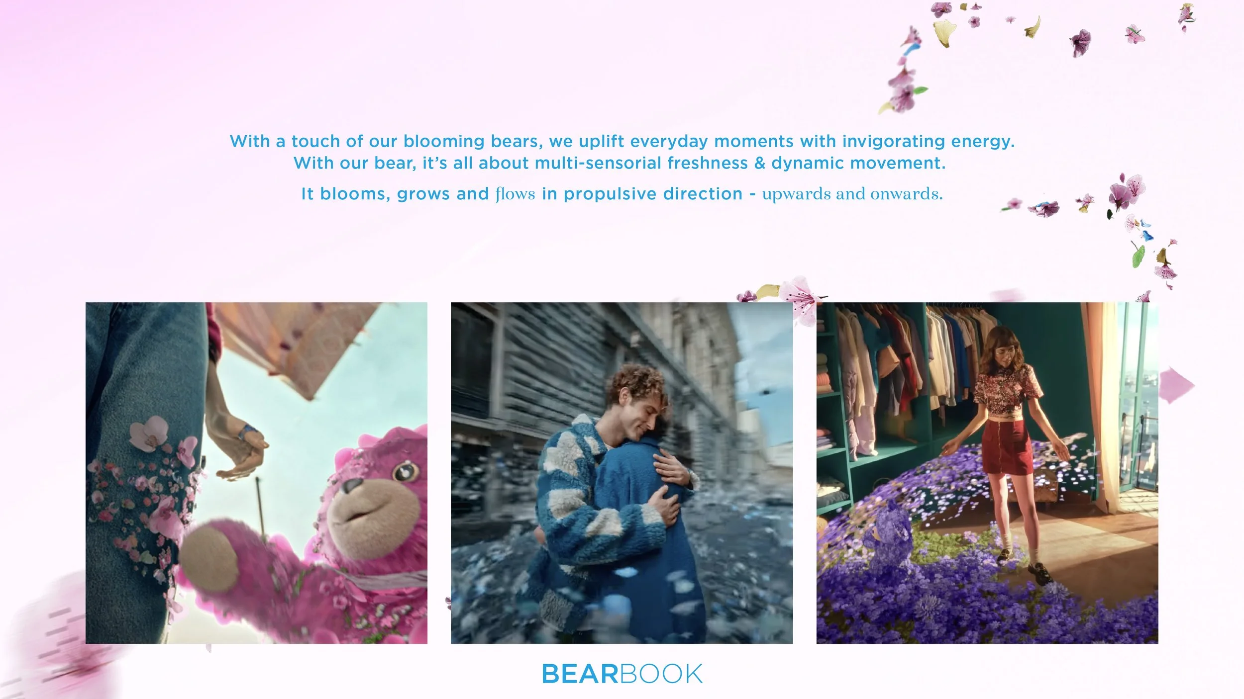 Three images in a promotional poster for BEARBOOK, with a pink background and floral design. The first shows a person with a pink plush bear. The second shows a person hugging a blue plush bear on a city street. The third shows a woman in a room with