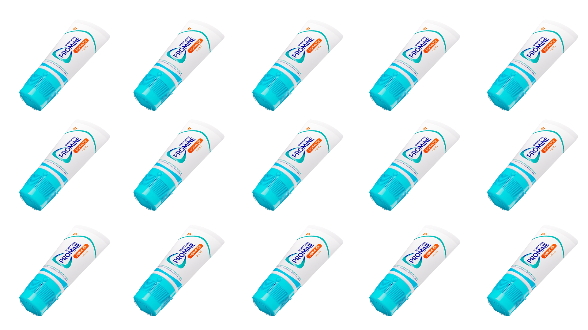 Multiple tubes of toothpaste arranged in a pattern, featuring a label with the words "PROMINE" and a blue and white color scheme.