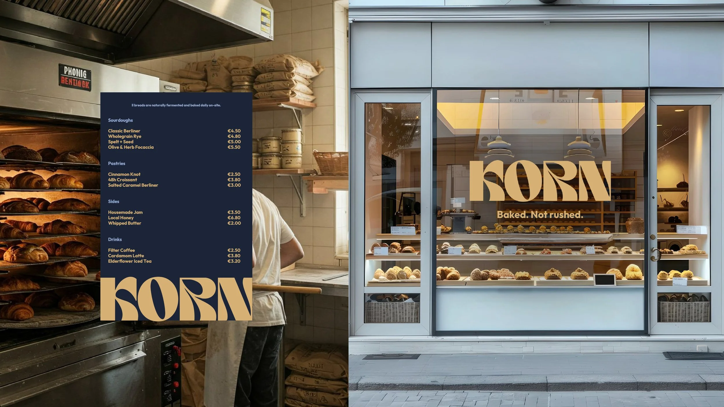 Photo of a bakery storefront and interior. The storefront has large glass windows with the name 'KORN' and the slogan 'Baked. Not rushed.' Inside, displayed pastries and baked goods are visible. The interior has warm lighting and modern decor.
