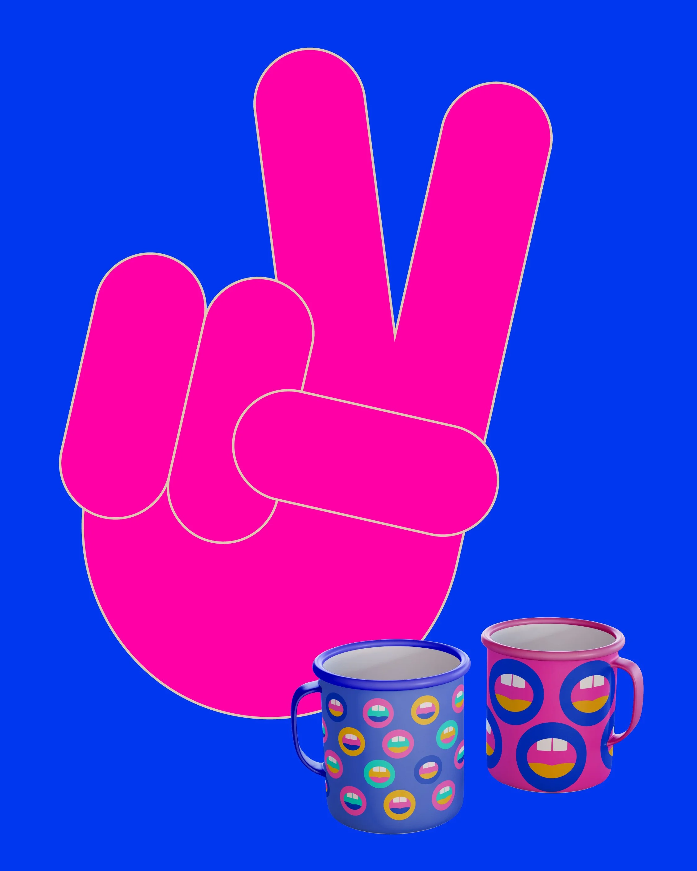 Bright pink hand making a peace sign with rainbow-colored mugs below and a blue background.