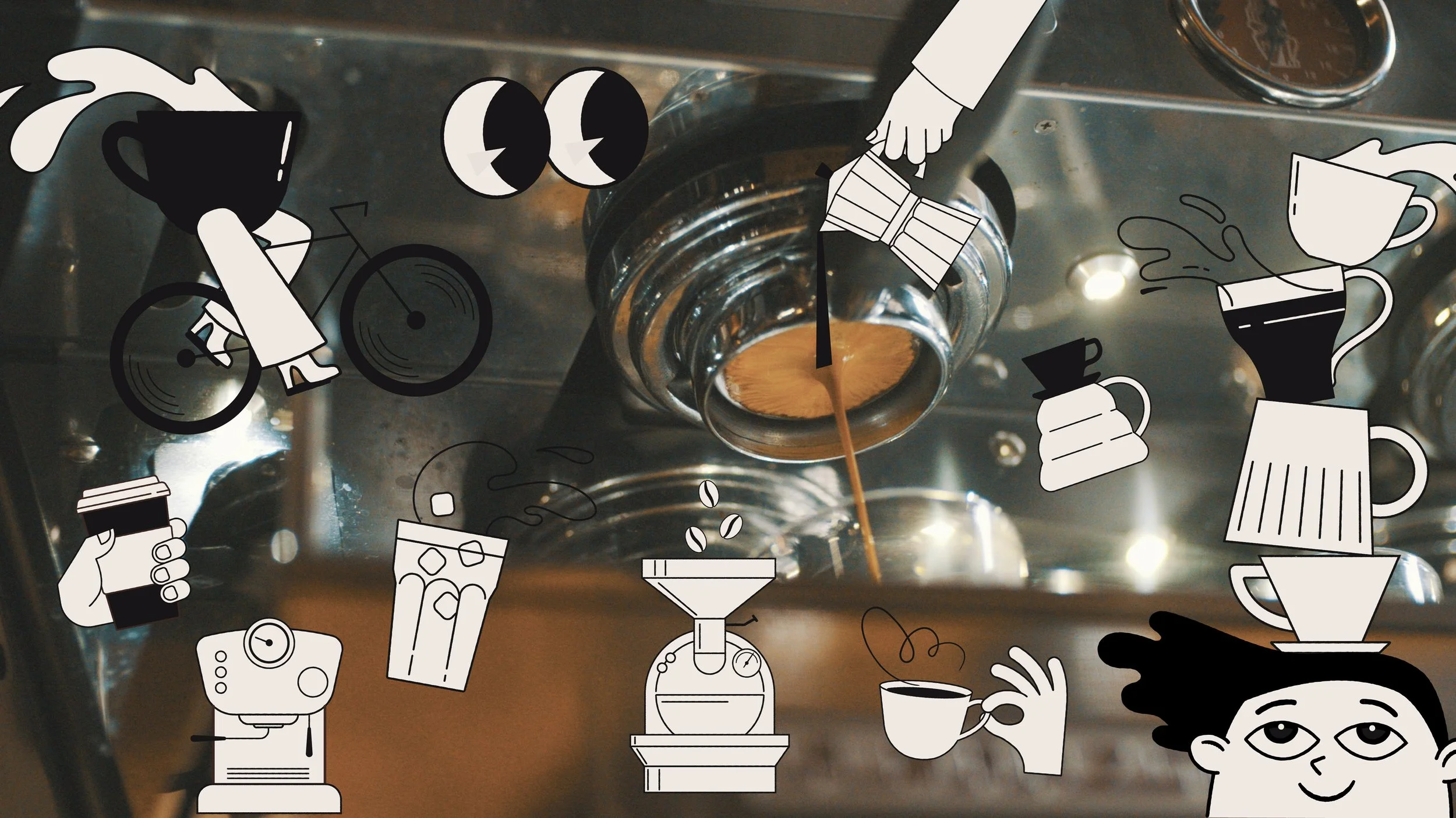 A close-up of a coffee machine with coffee brewing into a glass carafe, surrounded by cartoon illustrations of coffee cups, a coffee pot, a coffee grinder, a hand holding a cup, a hand pouring coffee, a bicycle rider, and a smiling person's face.