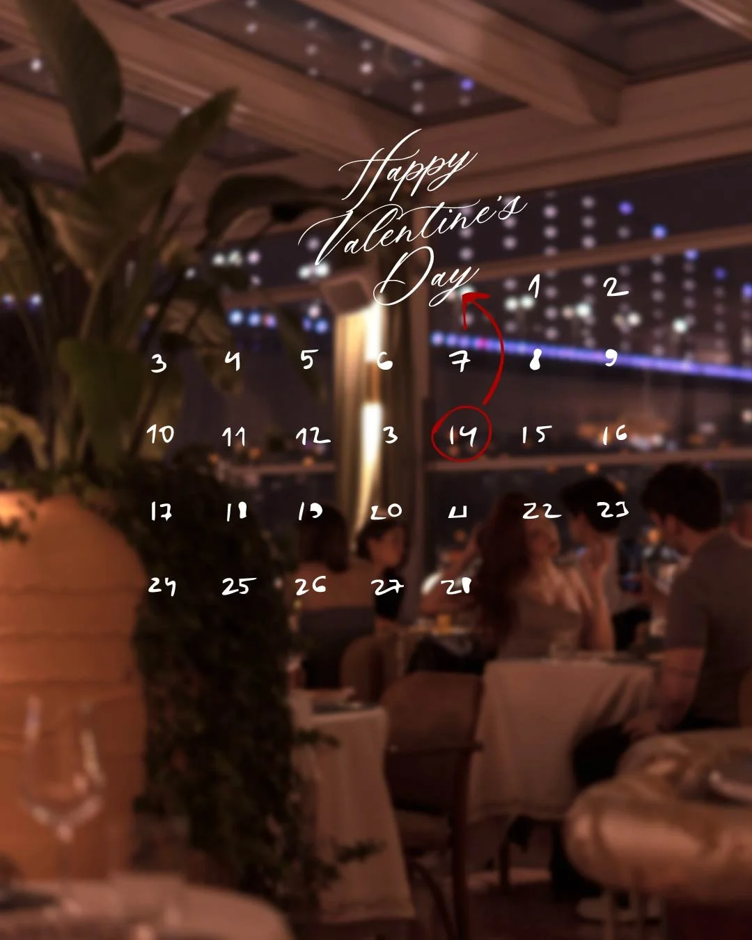 Dimly lit restaurant at night with a large plant in the foreground. Overhead string lights visible through the window. Text reading "Happy Valentine's Day" and a numbered calendar from 1 to 31, with the 14th circled and an arrow pointing to it.