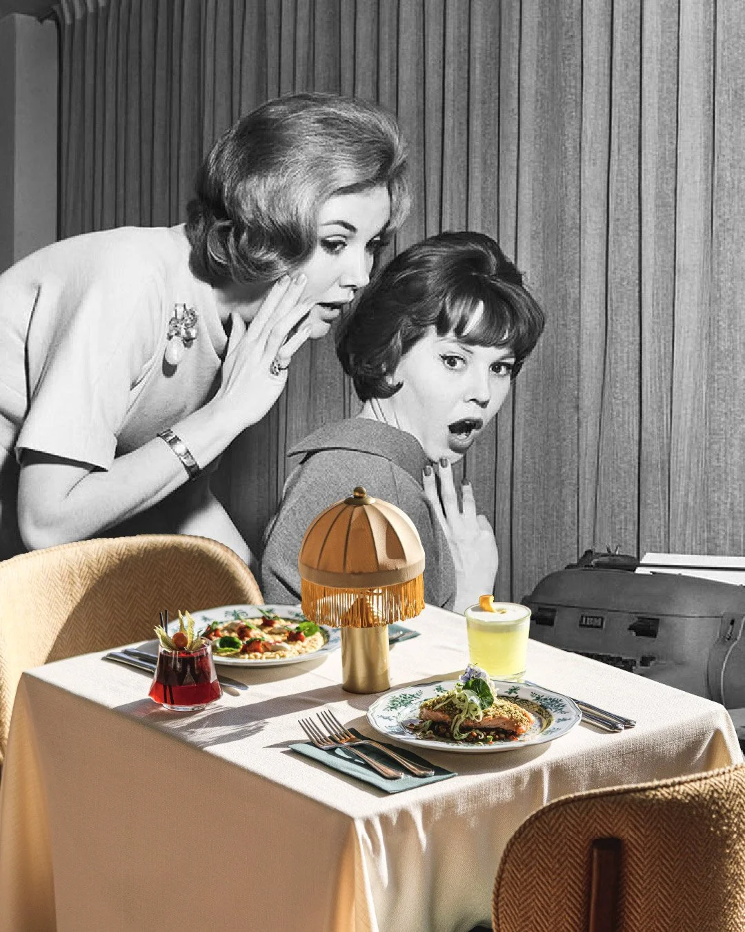 Colorized image of a table set for dining with two plates of food and drinks, vintage table lamp, and cutlery. In the background, a black-and-white photo of two women showing surprised expressions.