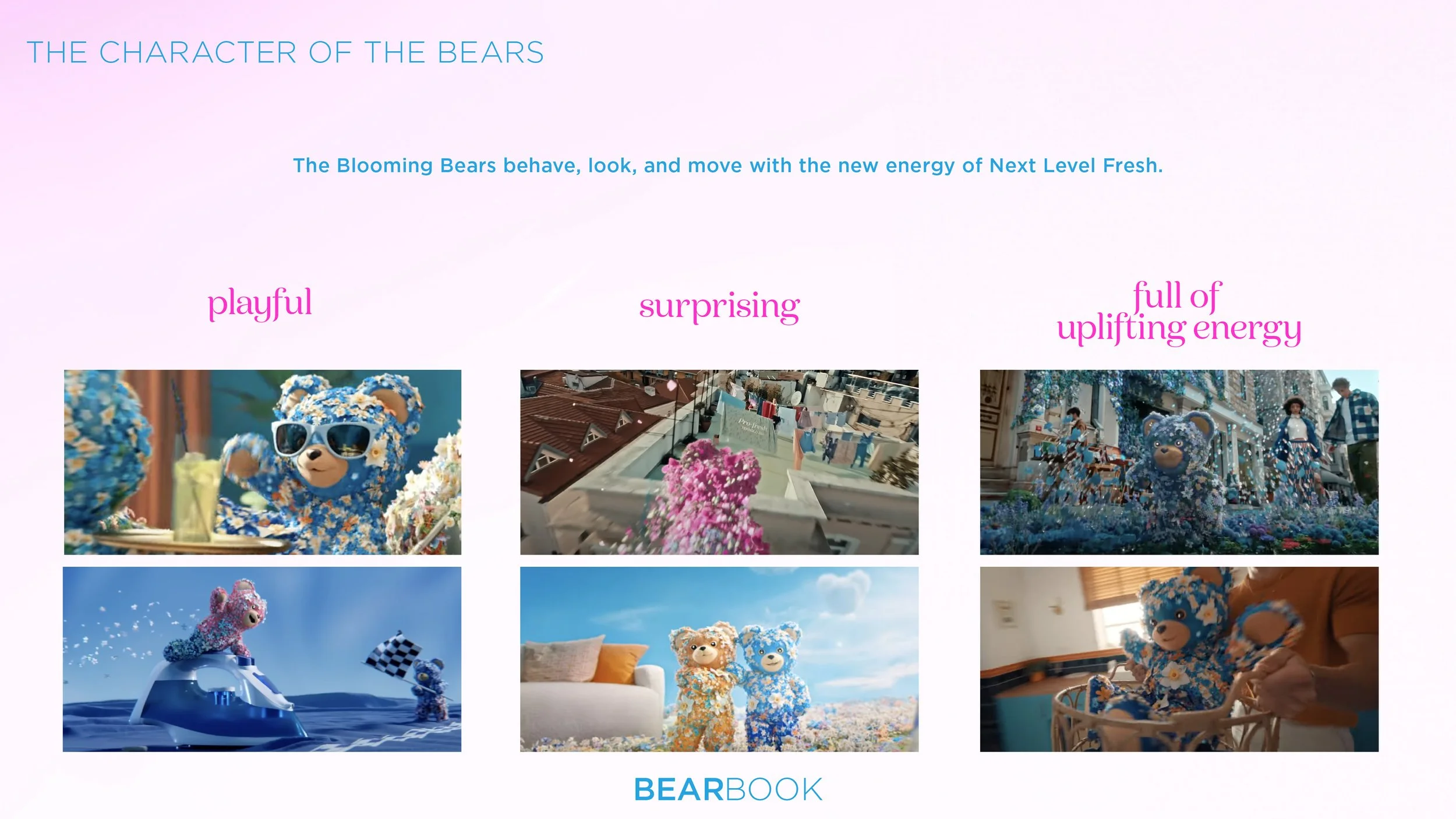 A collage of images from the movie "The Bear Book" featuring colorful teddy bears in various playful, surprising, and uplifting scenes, all made of flowers and engaging in fun activities.