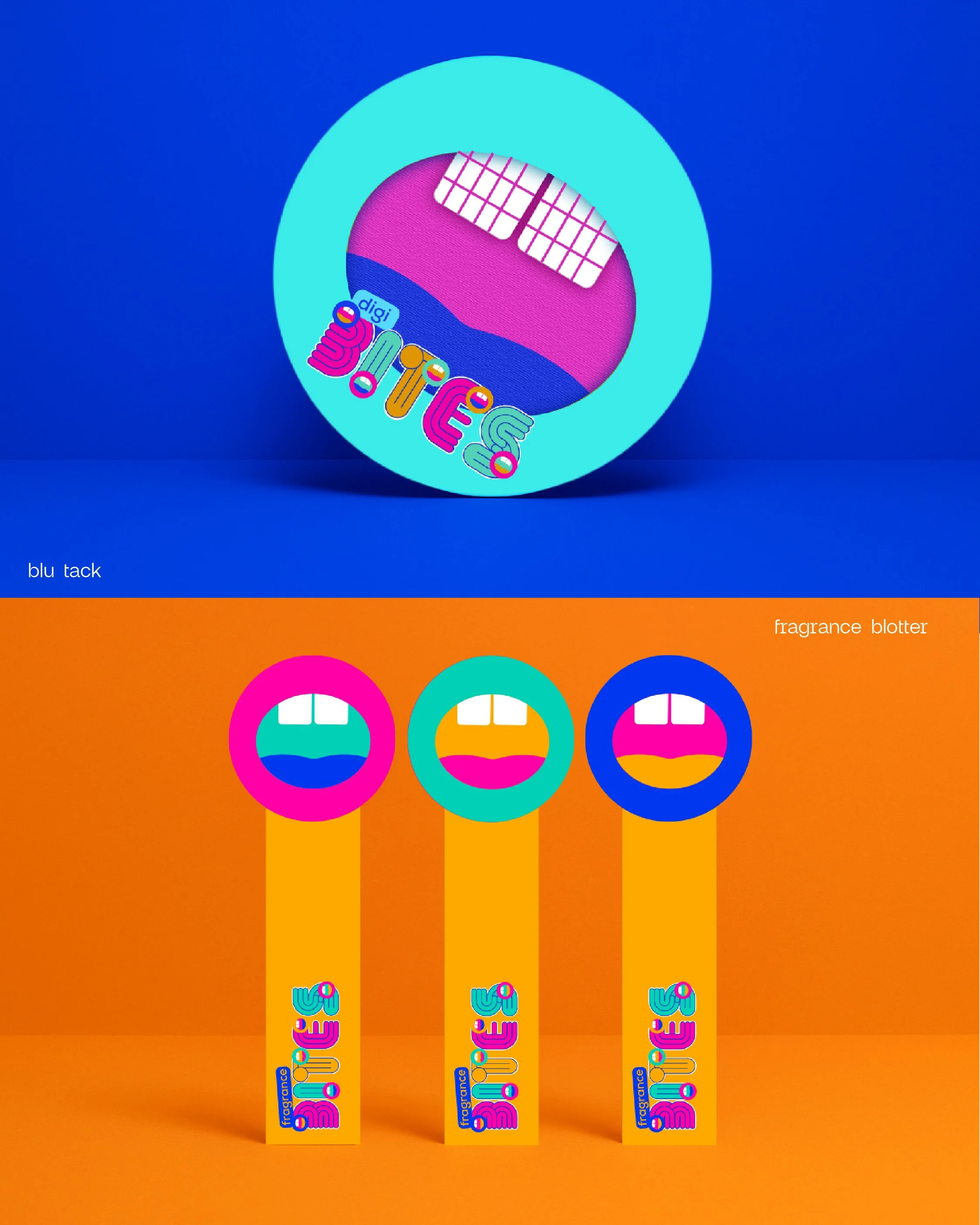 Colorful packaging design featuring a circular shape with the word 'digi' and the phrase 'blue tack,' along with three smaller circular logos with mouth-like shapes, and the words 'fragrance bloter' on an orange background.