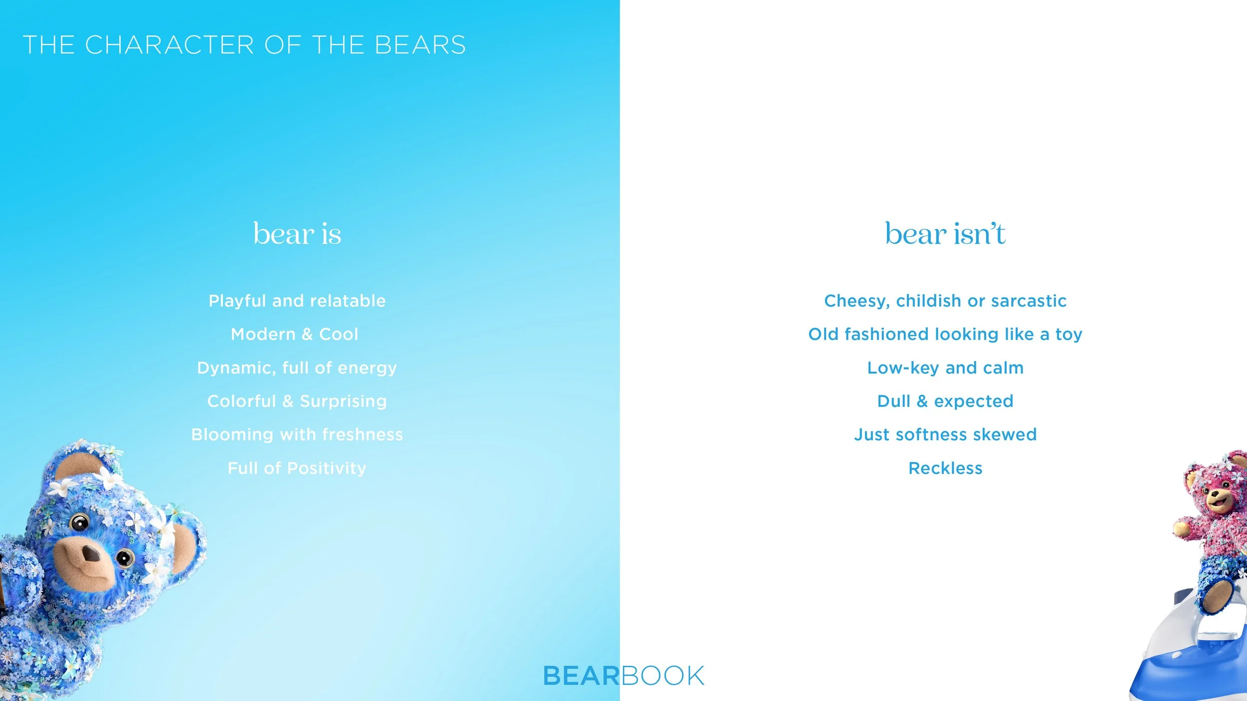 The image shows two pages with a blue background on the left and white background on the right, listing words describing the character of bears. The left page describes bears positively, while the right page describes bears negatively. There are two 