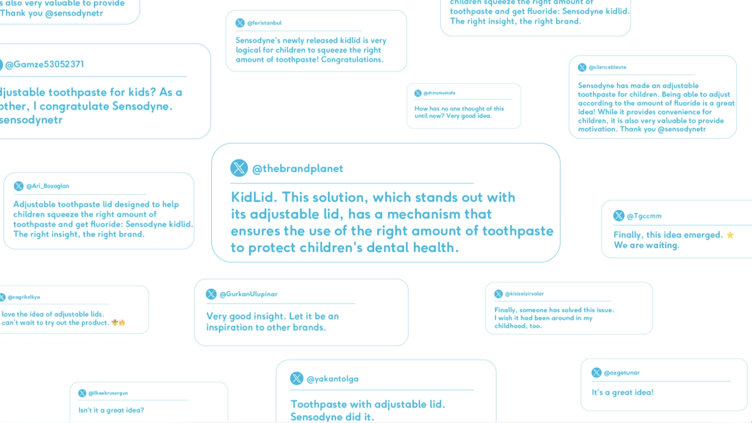 Multiple social media comments endorsing an adjustable toddler toothbrush with an integrated toothpaste lid and fluoride, highlighting its features like adjustable lid, mechanism for correct toothpaste dispensing, and promotion as a good idea for chi