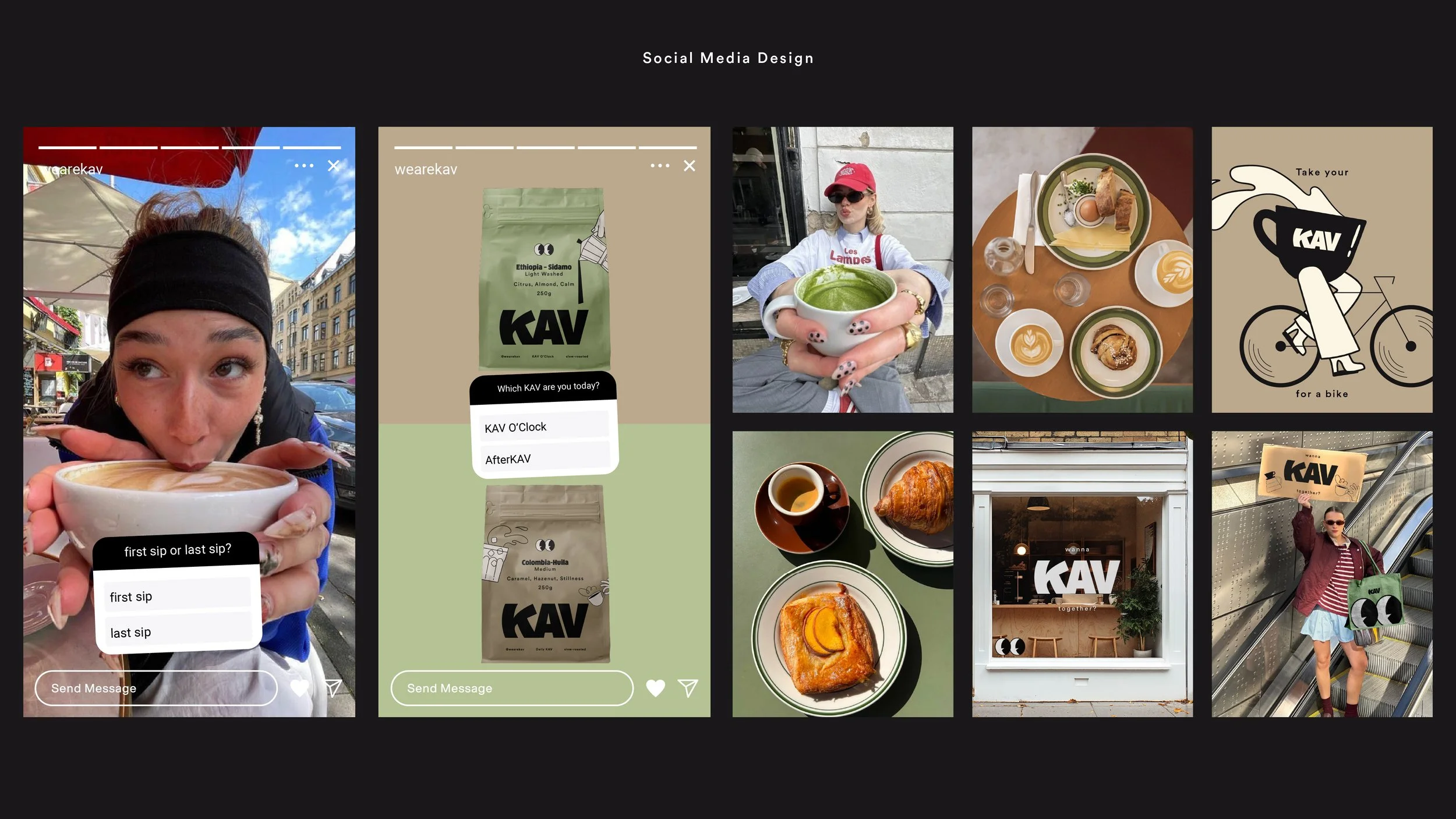 Collage of social media images related to coffee by KAV, featuring photos of people enjoying coffee, coffee cups with latte art, coffee packaging, and promotional graphics.