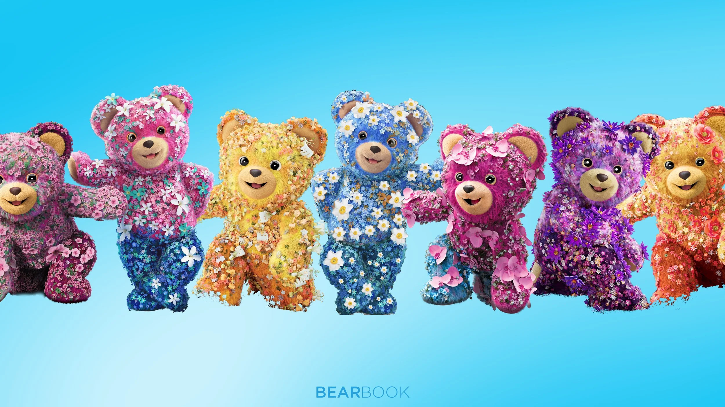 Seven colorful teddy bears decorated with flowers, standing in a line against a blue background.